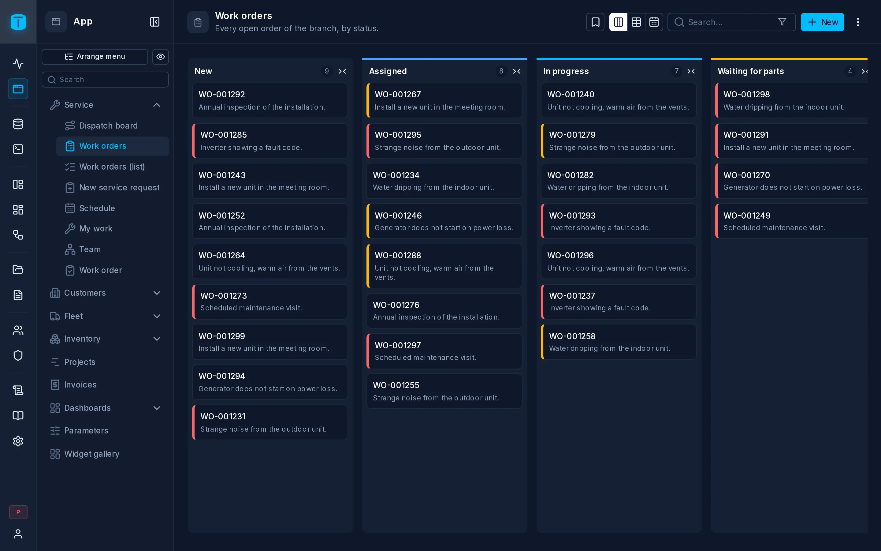 The result: the dispatcher's kanban of work orders, colored by priority.