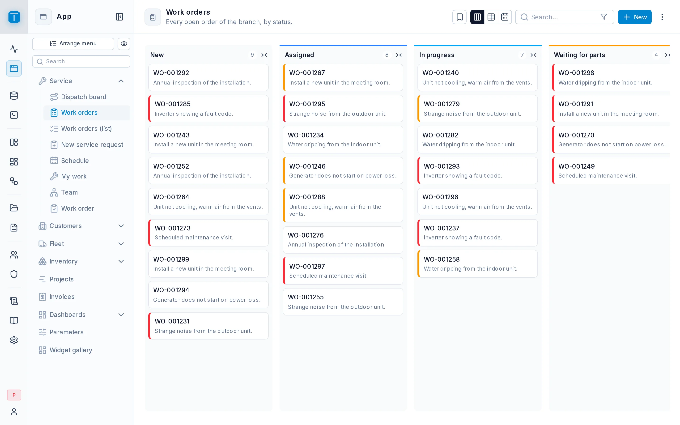 The result: the dispatcher's kanban of work orders, colored by priority.