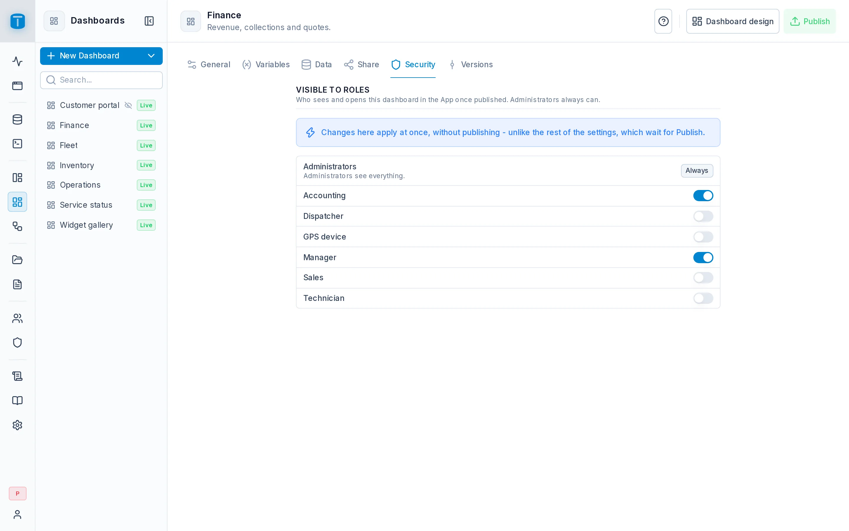 Settings › Security of the Finance dashboard: Manager and Accounting on.