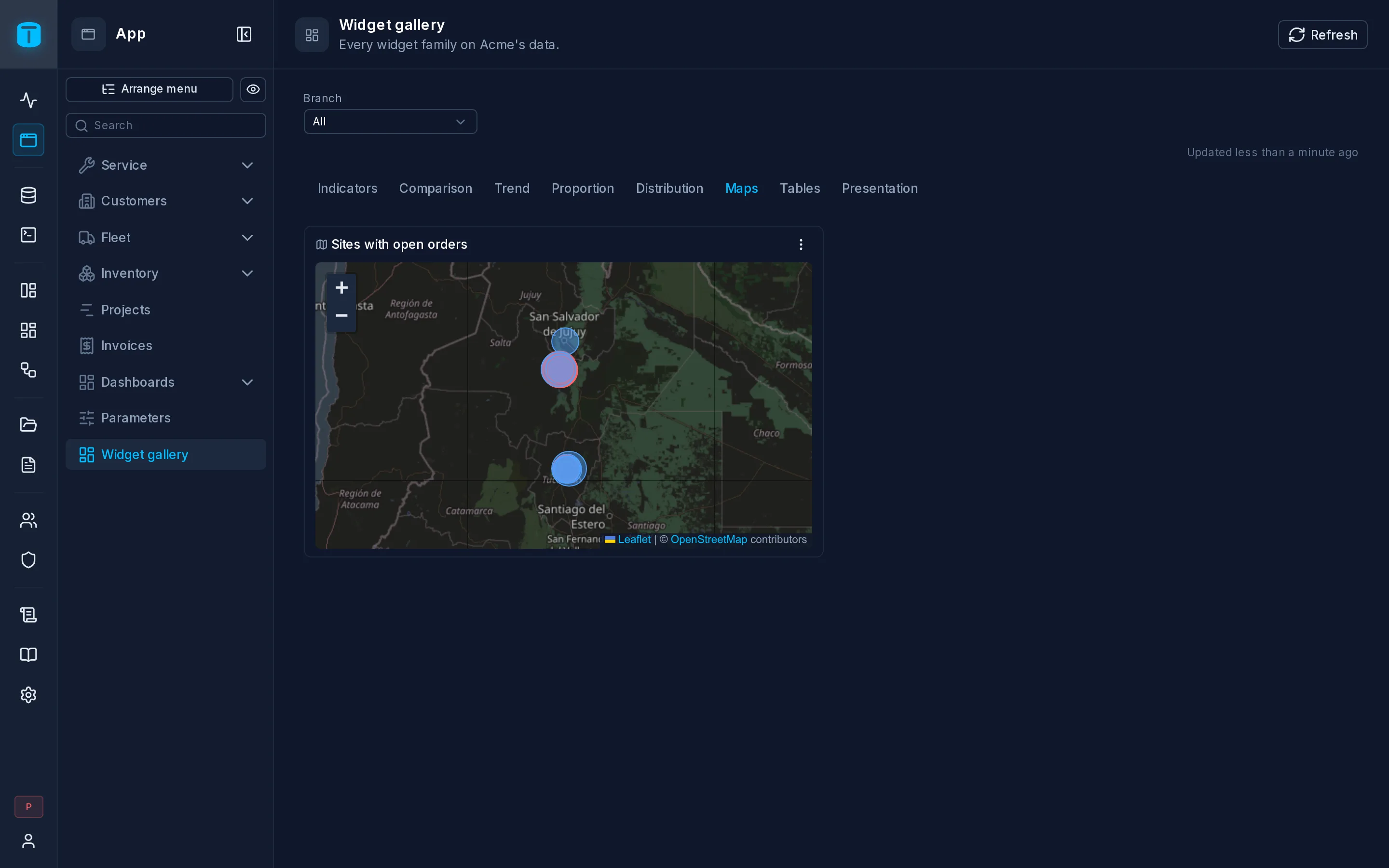 Sites with open work orders around Salta, red where an order is overdue.