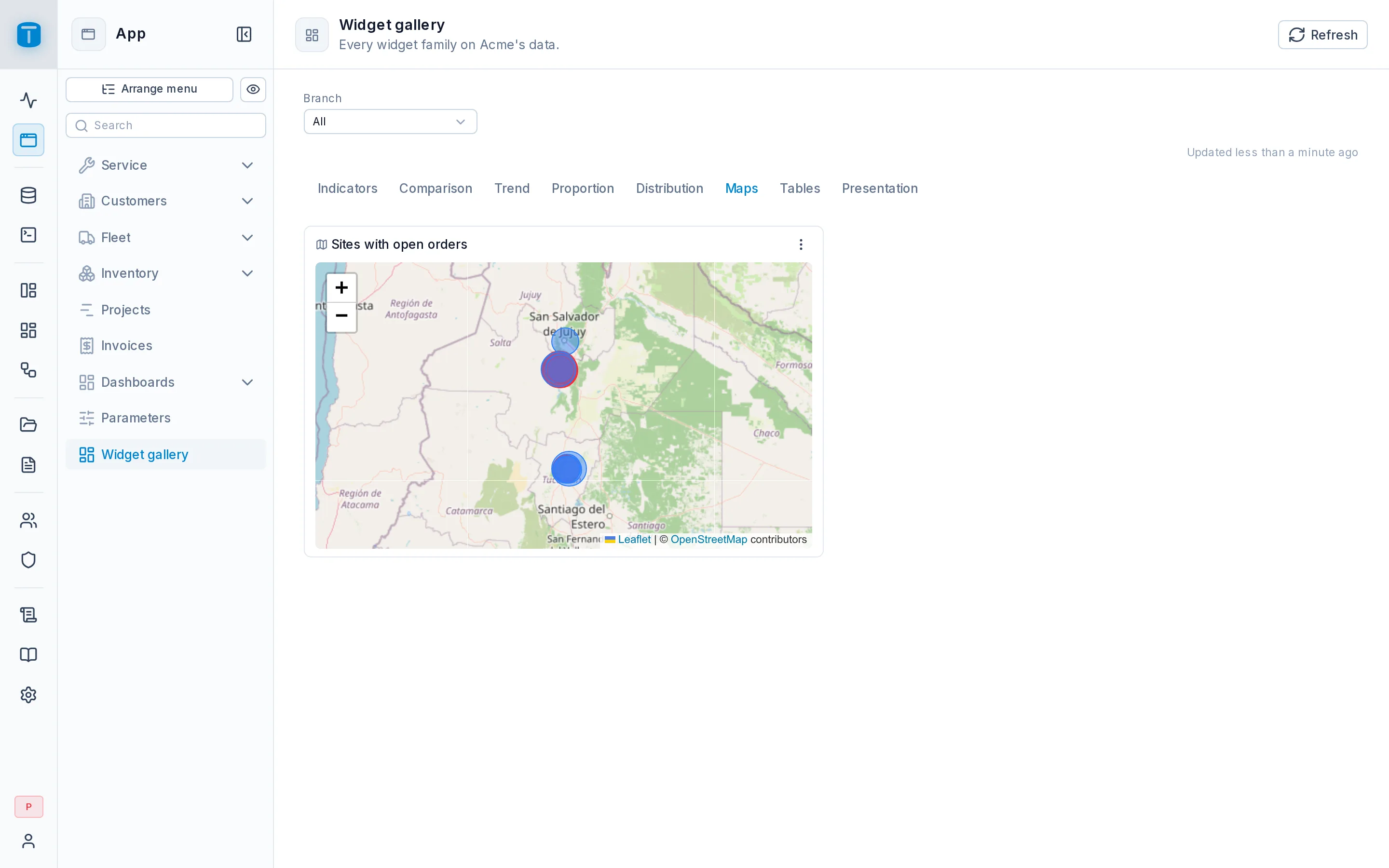 Sites with open work orders around Salta, red where an order is overdue.