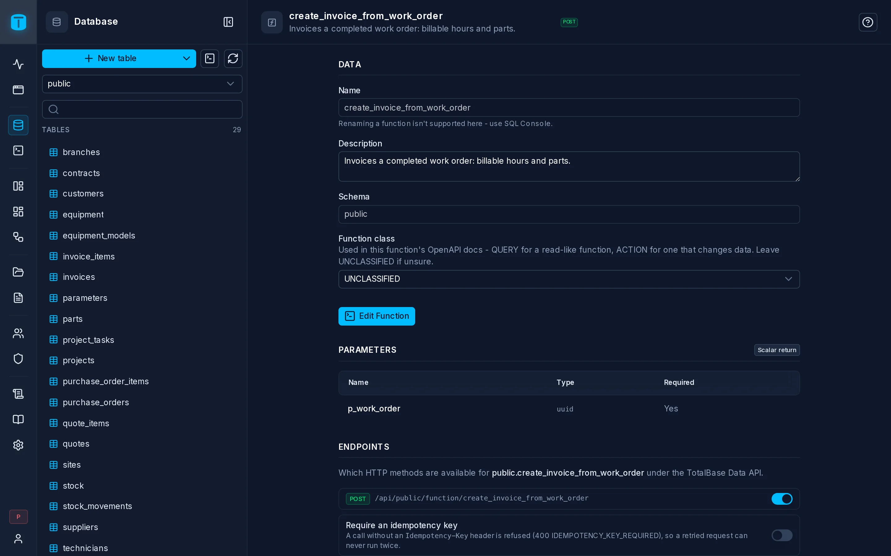 The create_invoice_from_work_order function's page: its arguments, return type, definition and endpoint.