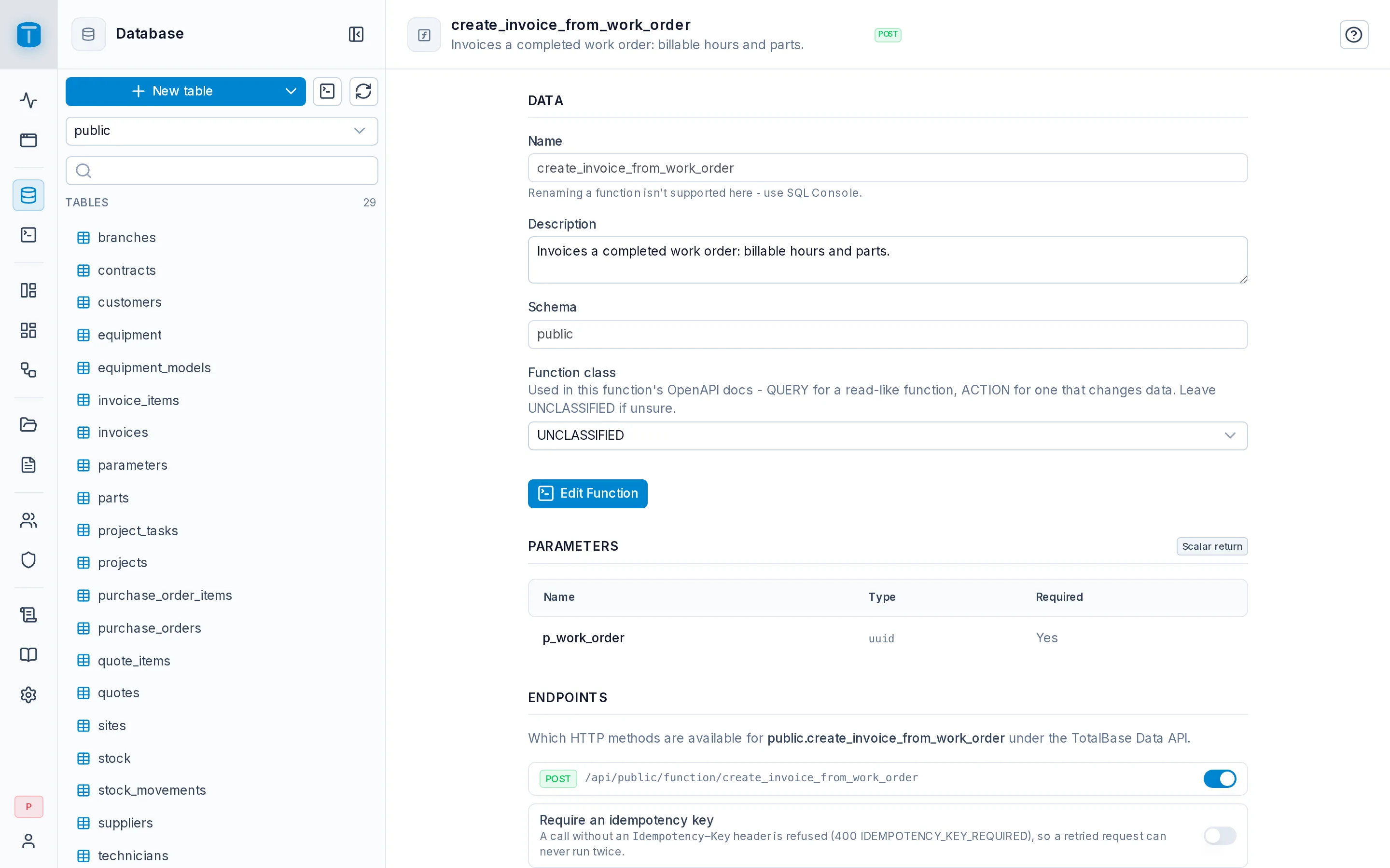 The create_invoice_from_work_order function's page: its arguments, return type, definition and endpoint.