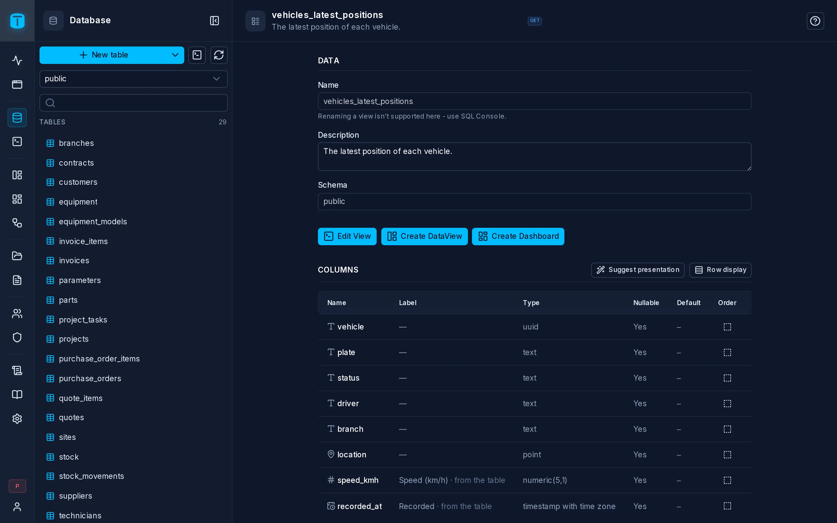 The vehicles_latest_positions view's page: its columns, its definition and its endpoints.