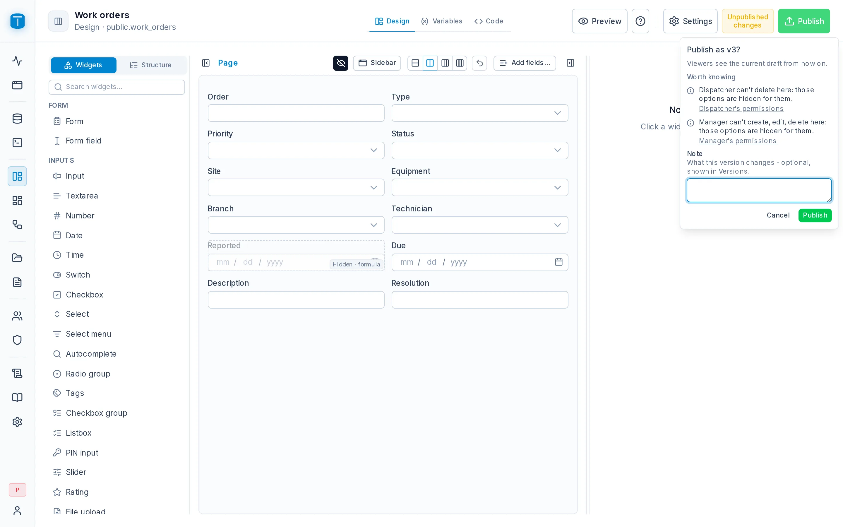 Publishing the Work orders kanban as v4, with a note.