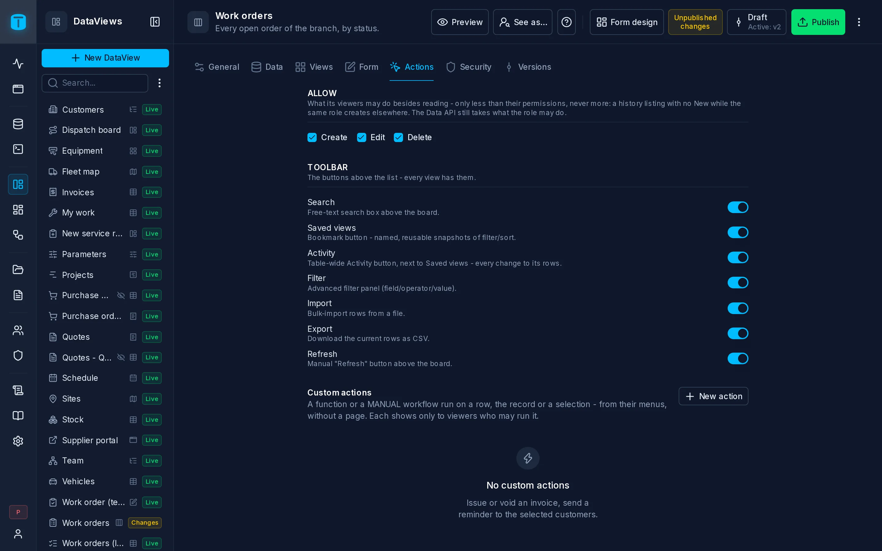 Settings › Actions of Work orders: Allow, the toolbar's functions and a custom action.