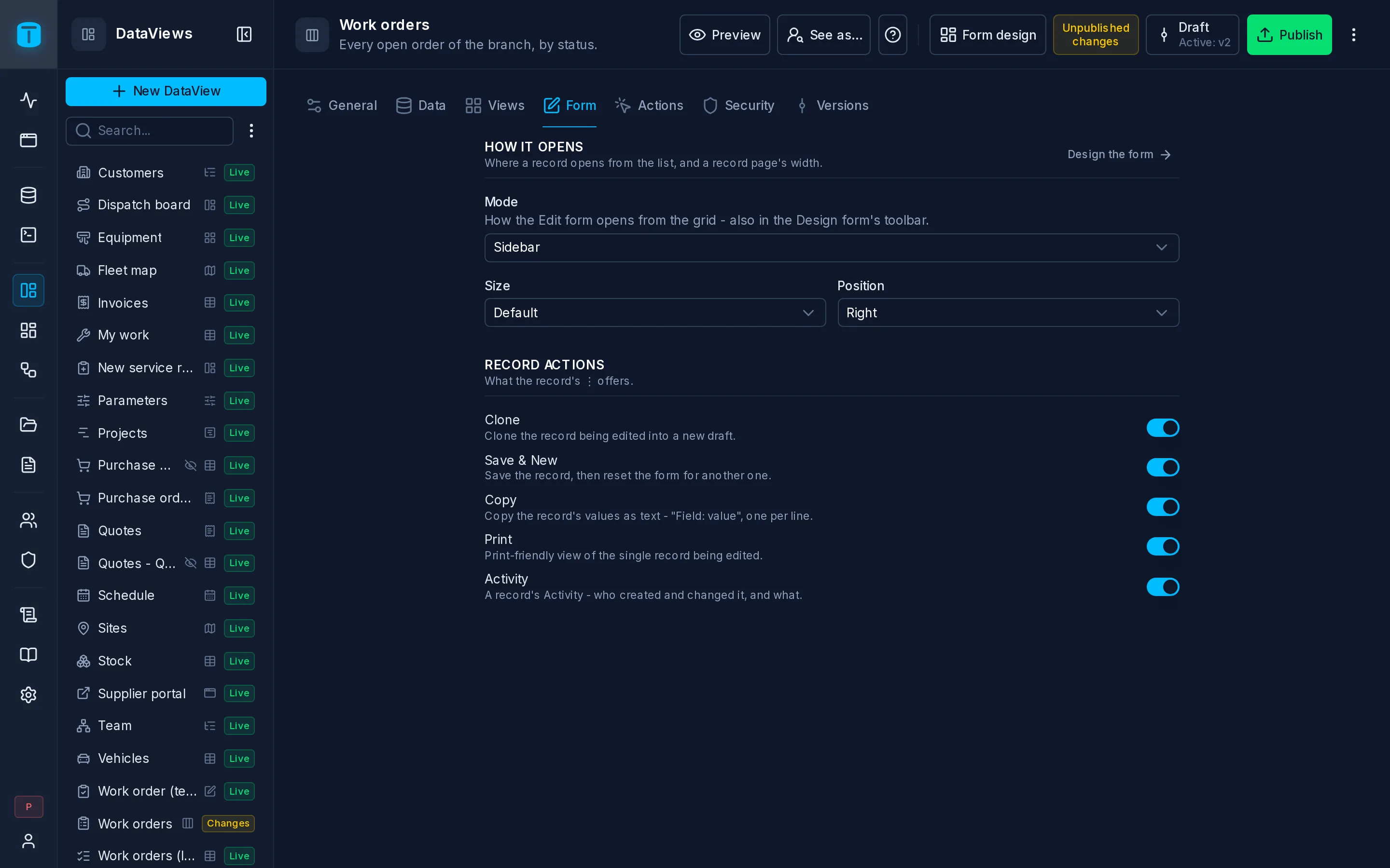 Settings › Form of Work orders: opens in a Sidebar, and the record's actions.