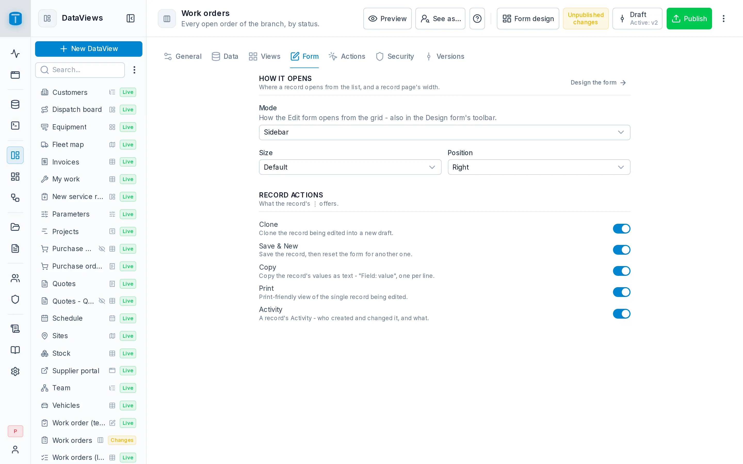 Settings › Form of Work orders: opens in a Sidebar, and the record's actions.