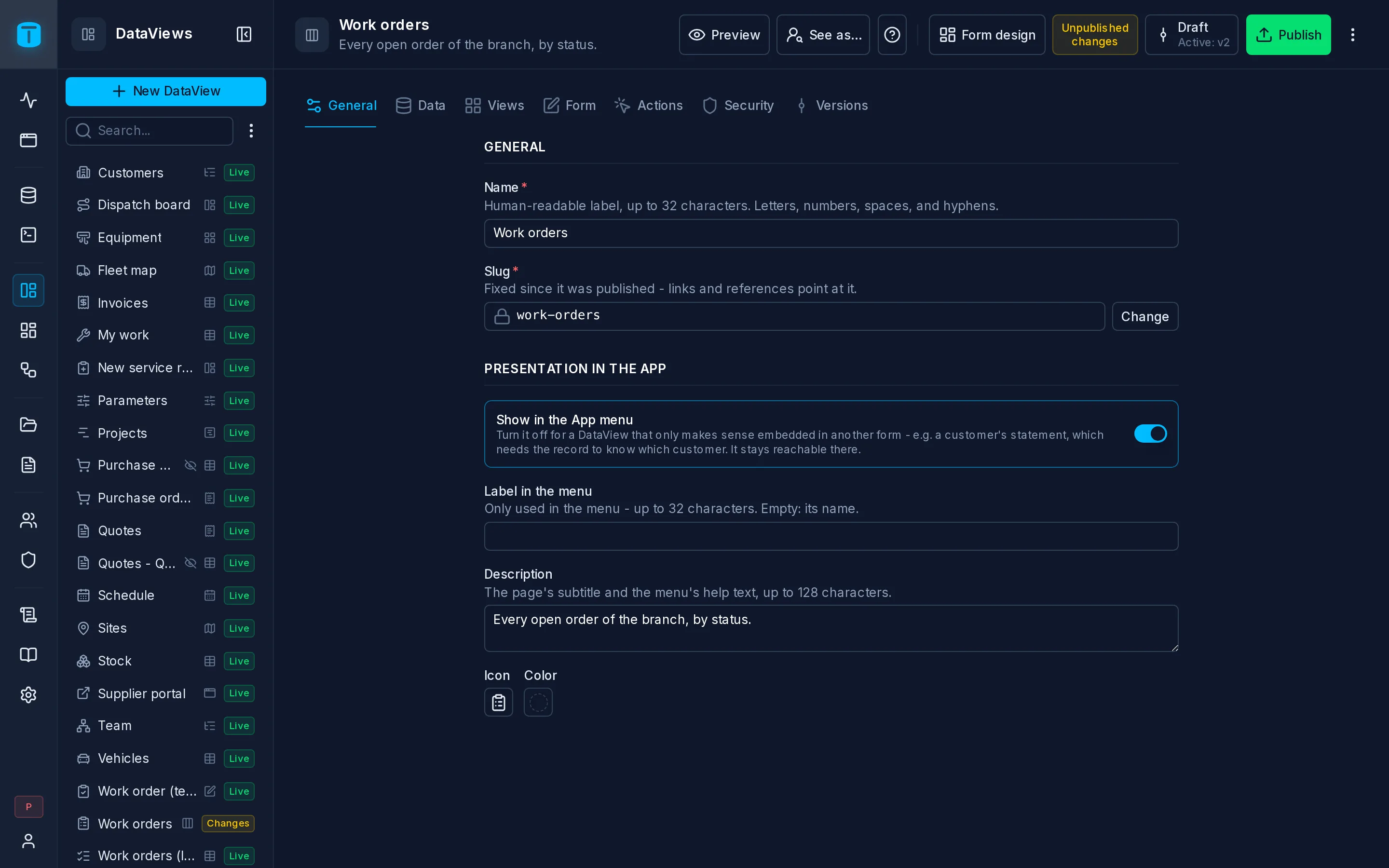 Settings › General of the Work orders DataView.