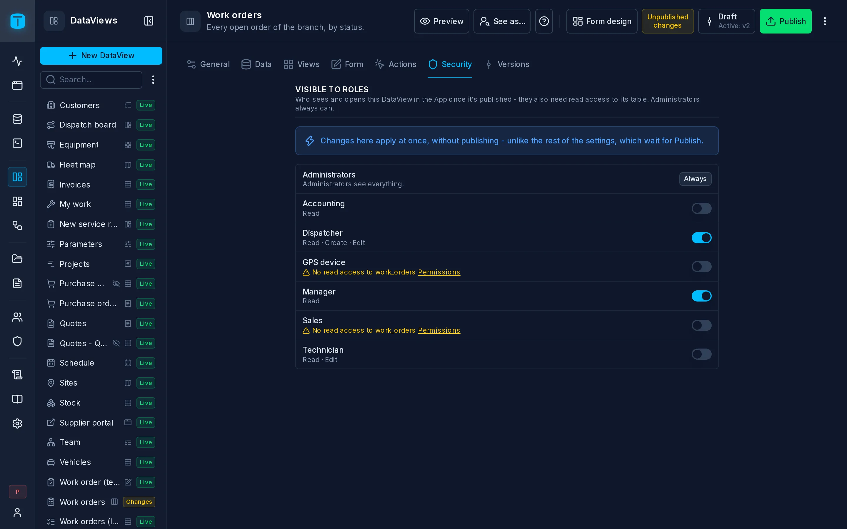 Settings › Security of Work orders: Dispatcher and Manager on, each with what it may do.