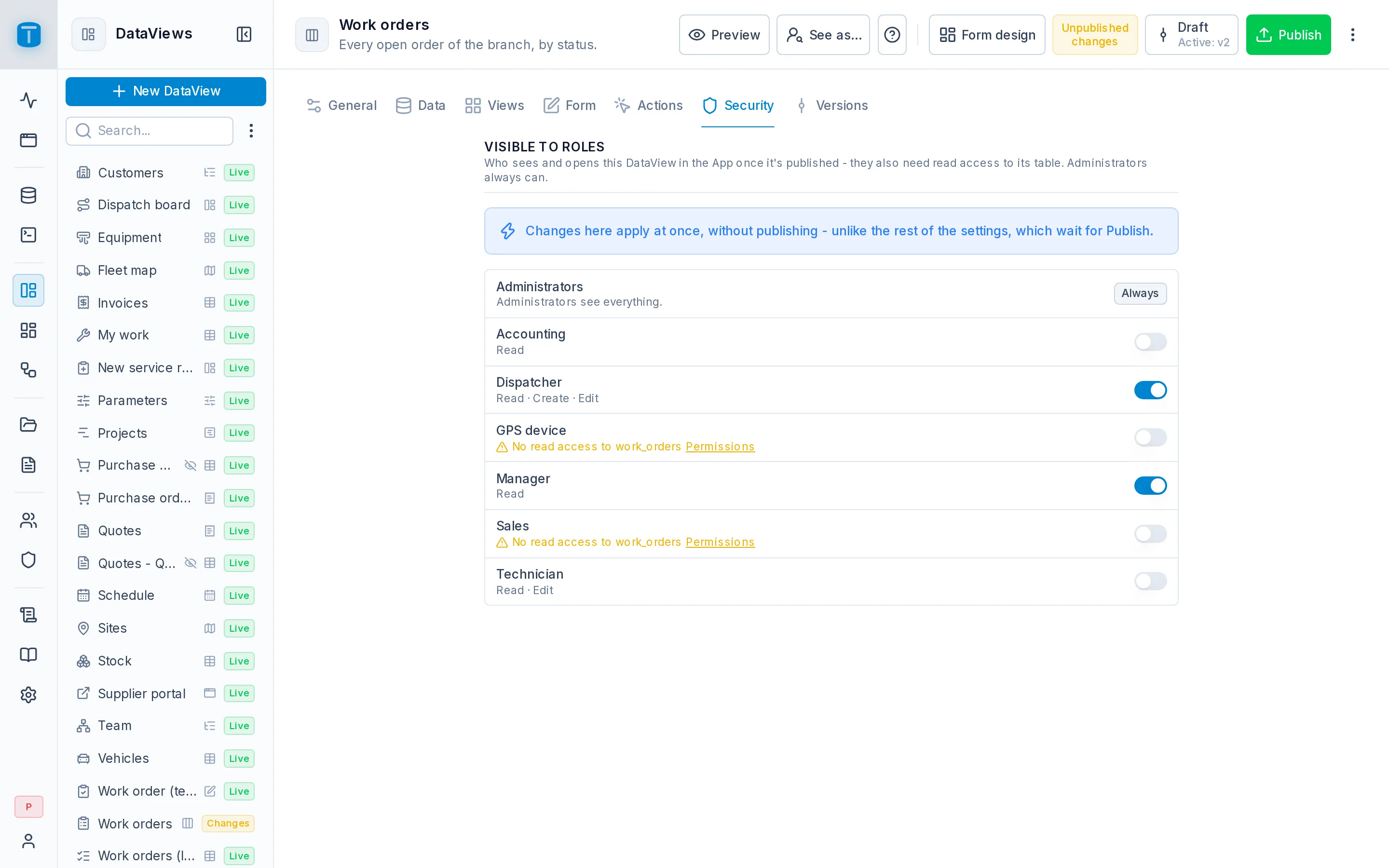 Settings › Security of Work orders: Dispatcher and Manager on, each with what it may do.