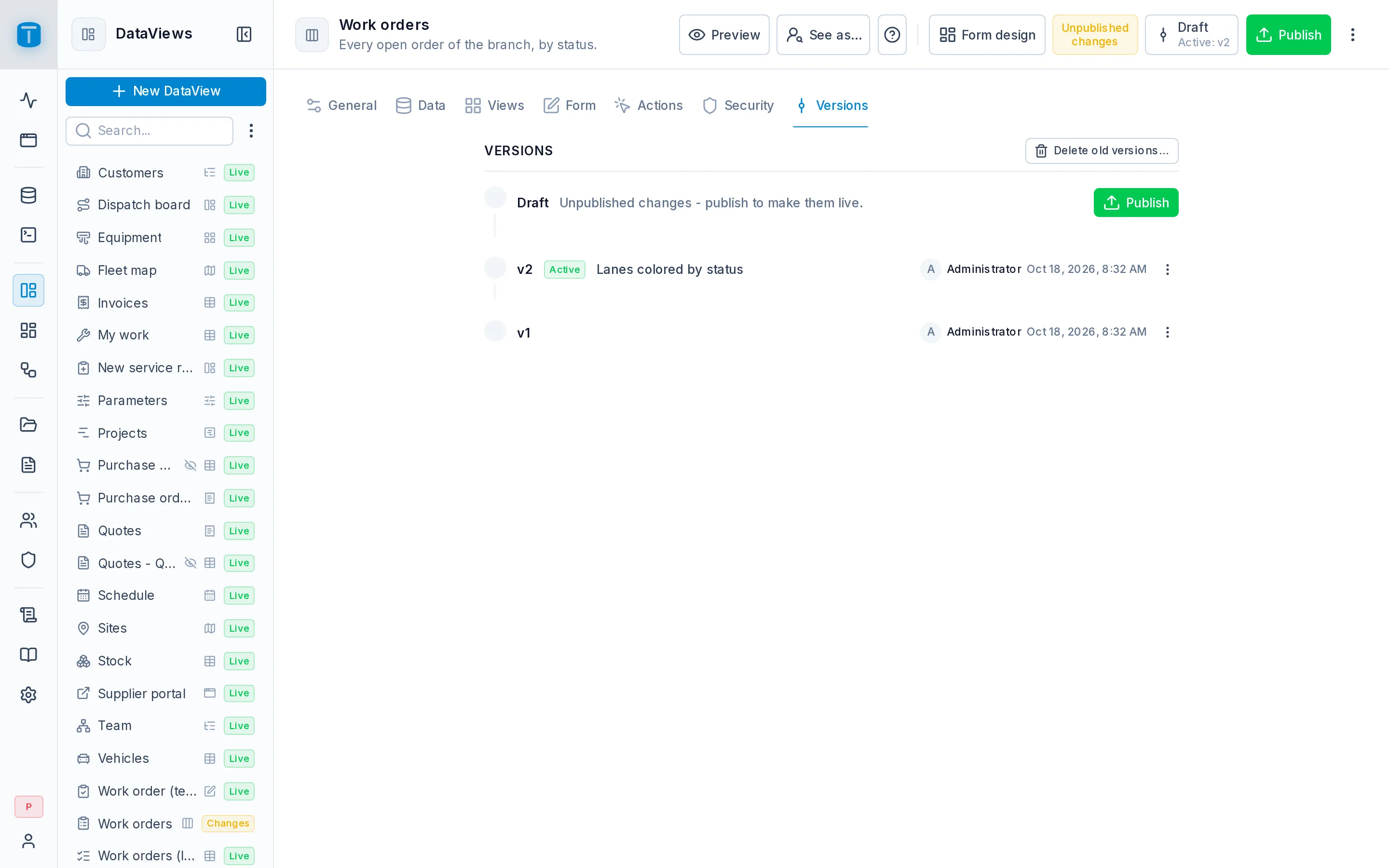 The Versions of the Work orders DataView: the draft with unpublished changes, then v4 to v1.