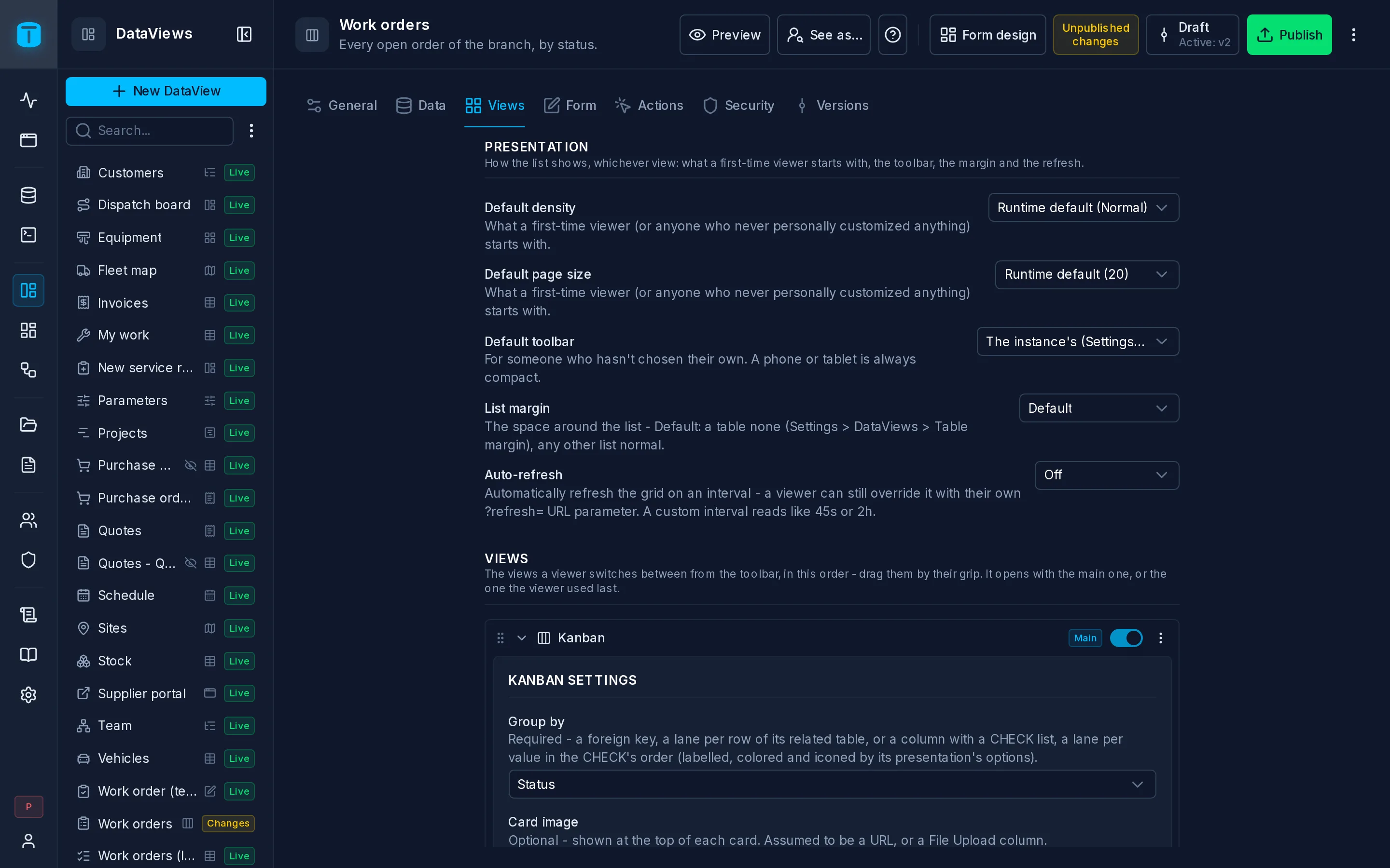 Settings › Views of Work orders: Presentation, then Kanban (Main), Table and Calendar offered.