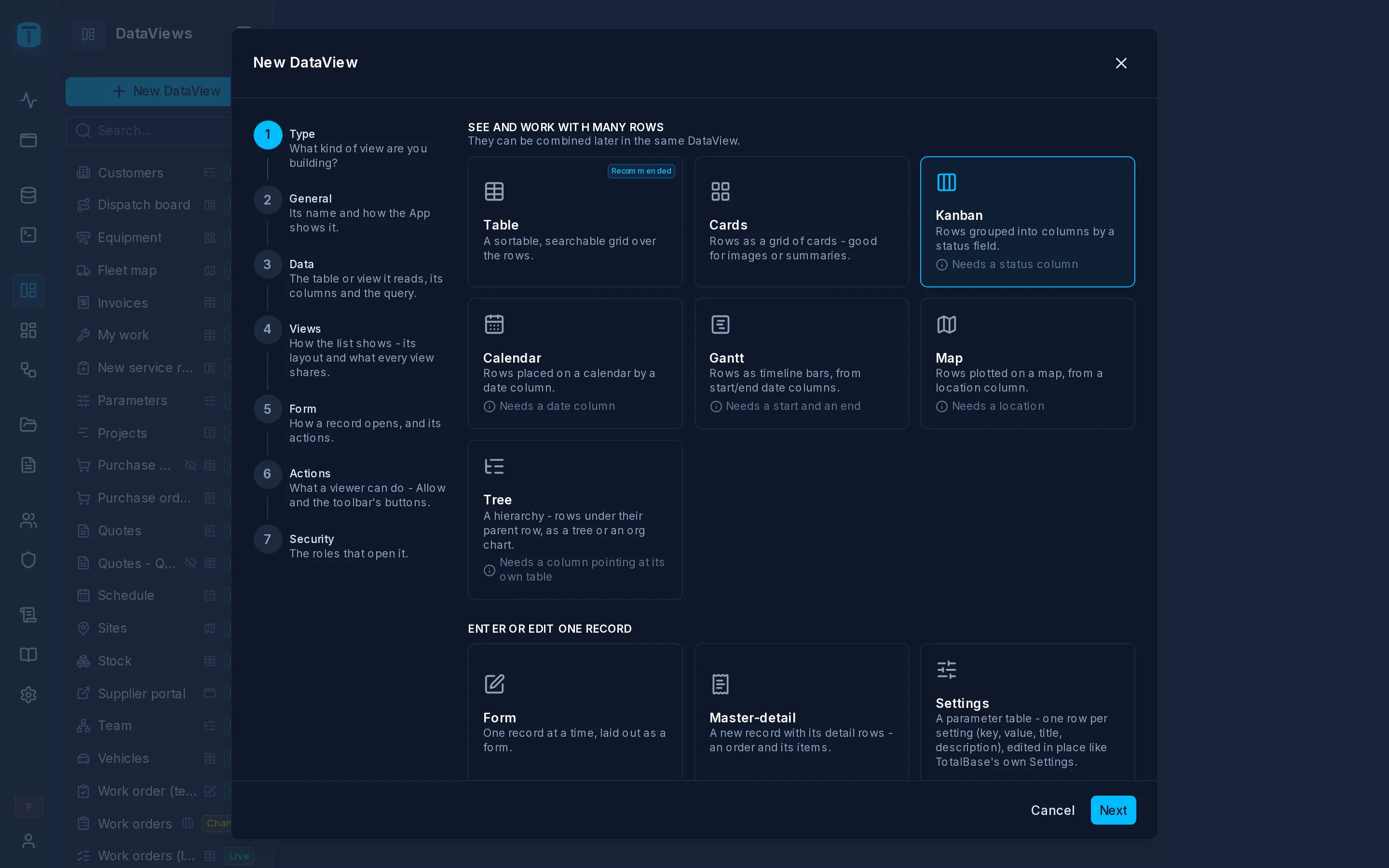 The Views step for a kanban: grouped by status, titled by the description.