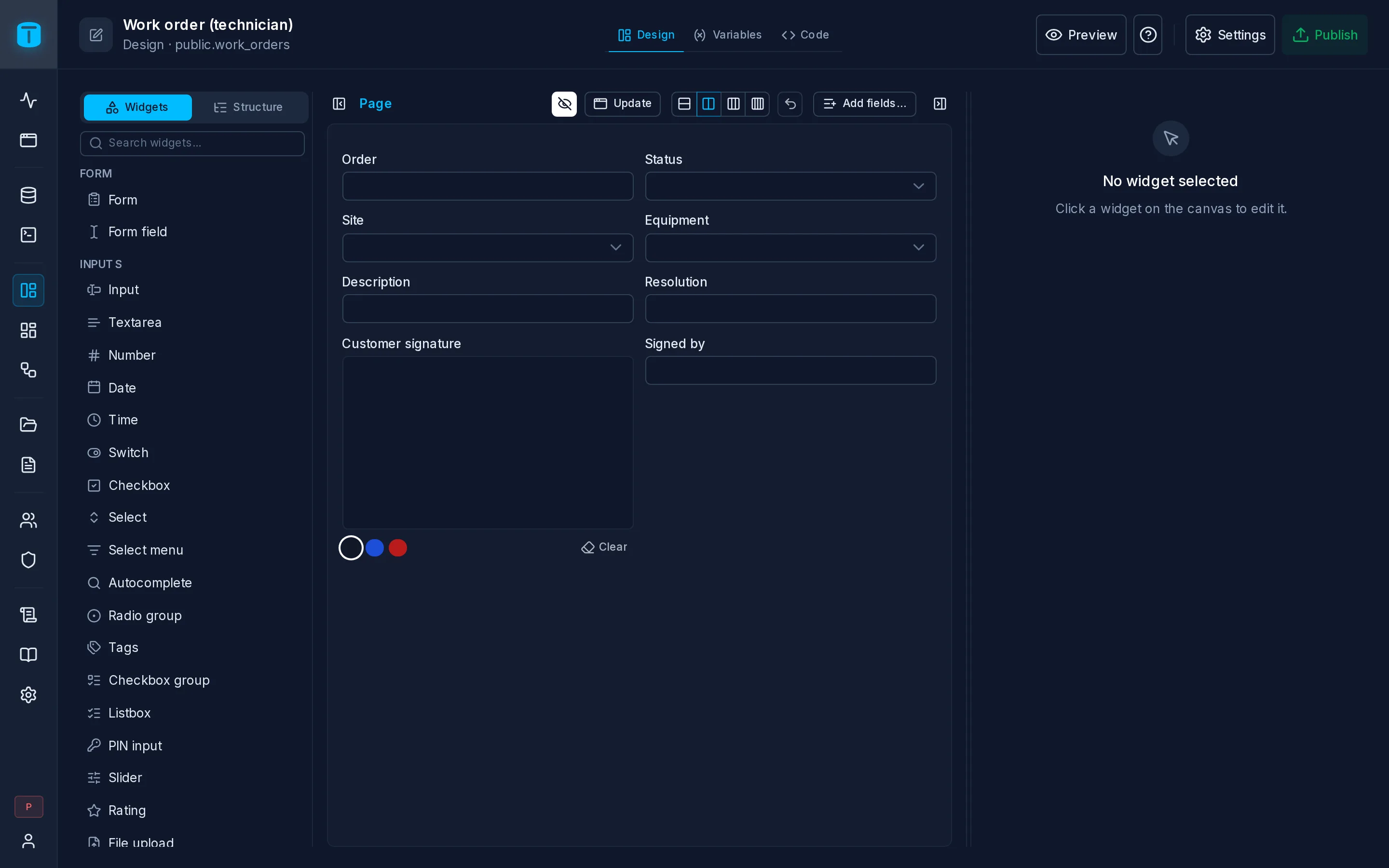The Design form: the widget palette, the work order form on the canvas, and the inspector of the selected field.