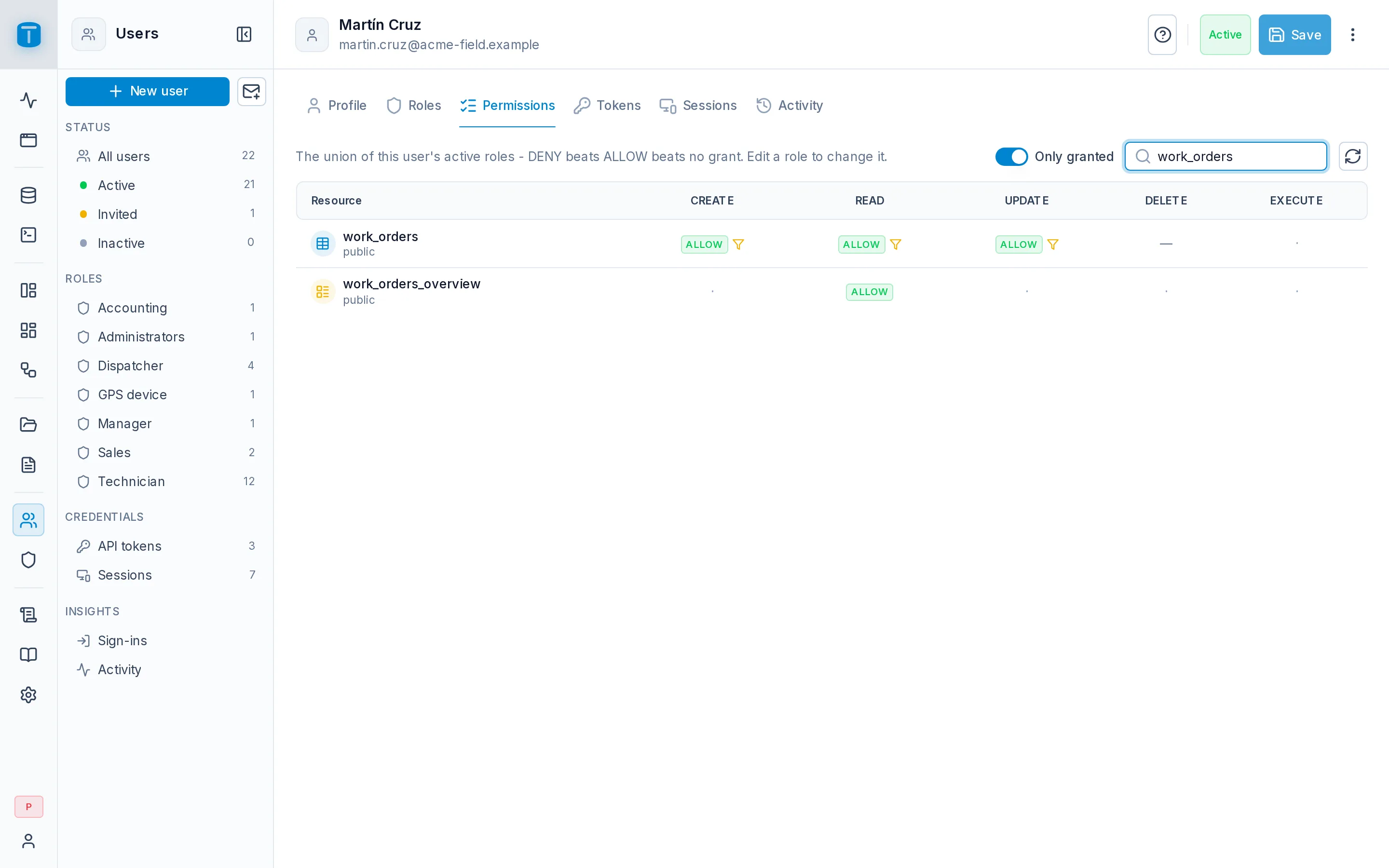 A user who is both Dispatcher and Sales: the combined row filter on work_orders, and where each part comes from.