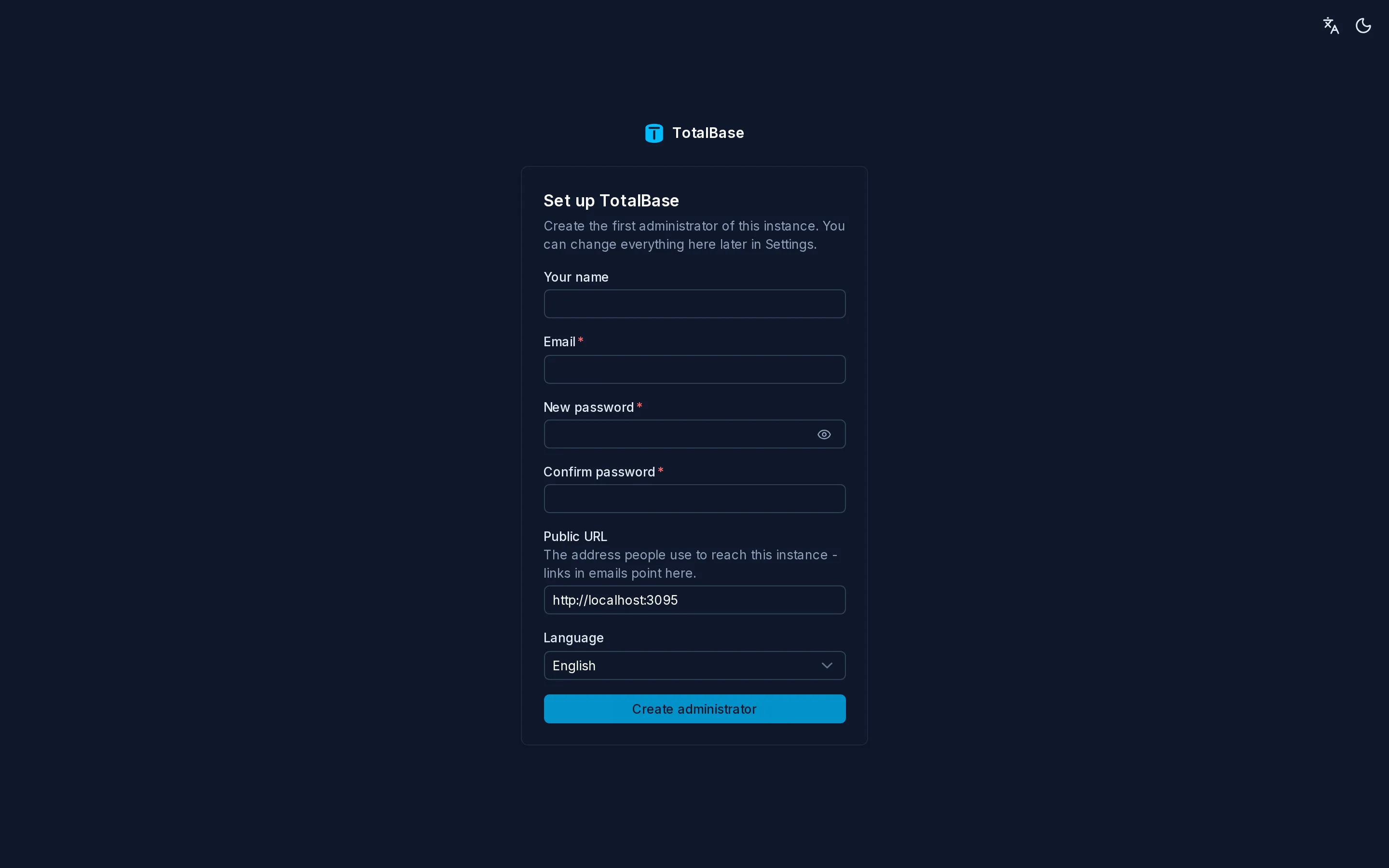A new instance asks for its first administrator.