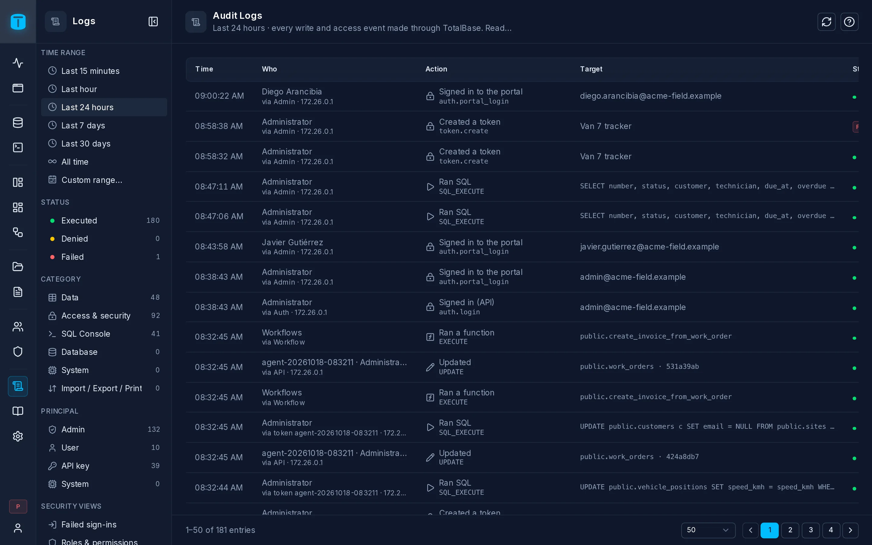 Logs: the last 24 hours of Acme's activity, filtered to data changes.