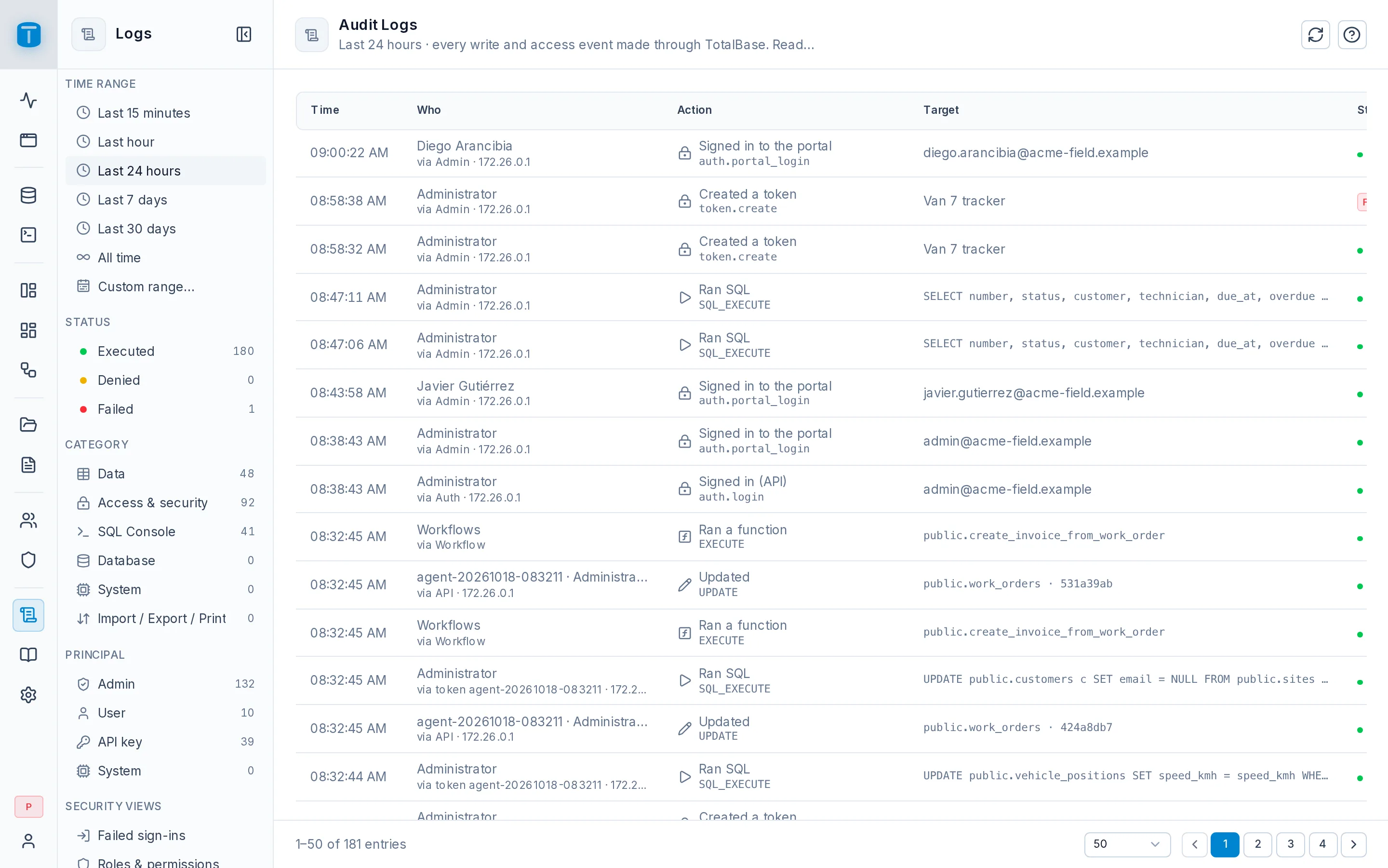 Logs: the last 24 hours of Acme's activity, filtered to data changes.