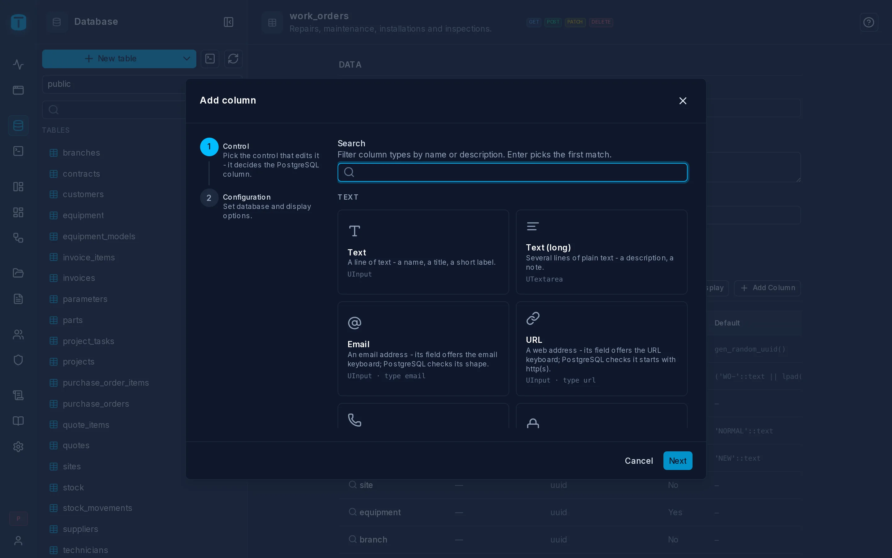 Add column: choosing the Choice control for work_orders.priority.