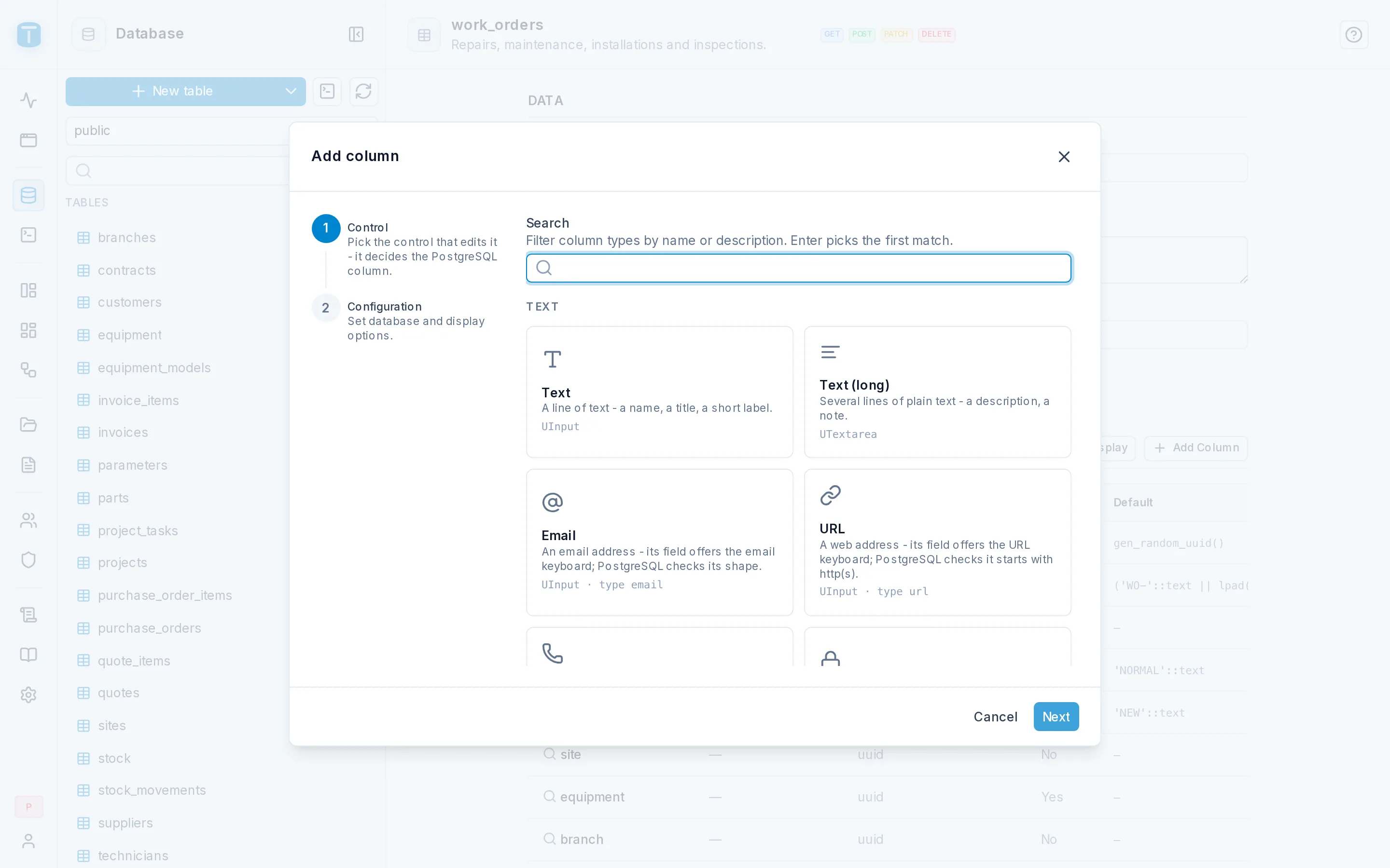 Add column: choosing the Choice control for work_orders.priority.