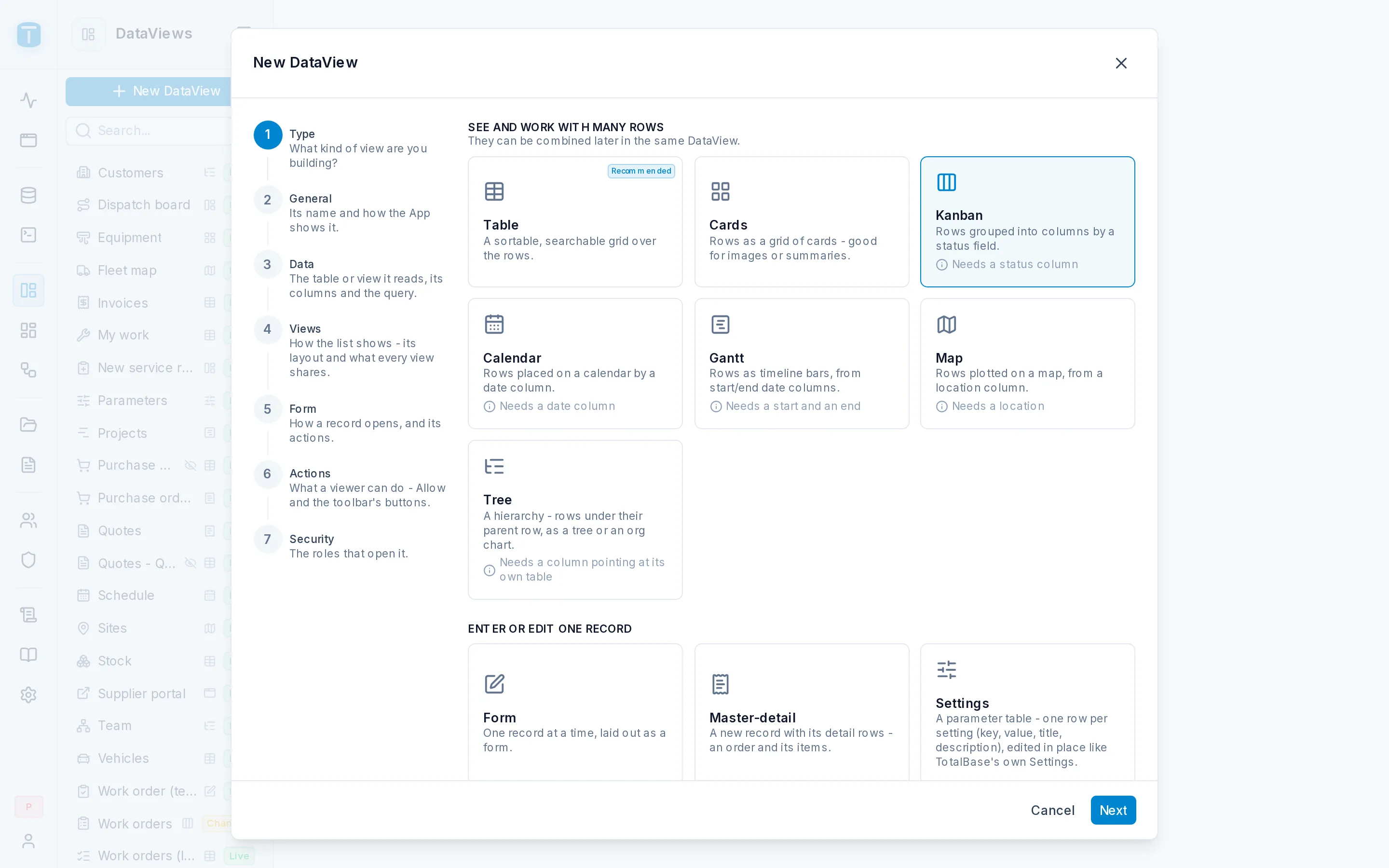 The Views step of the DataView wizard: cards grouped by status.