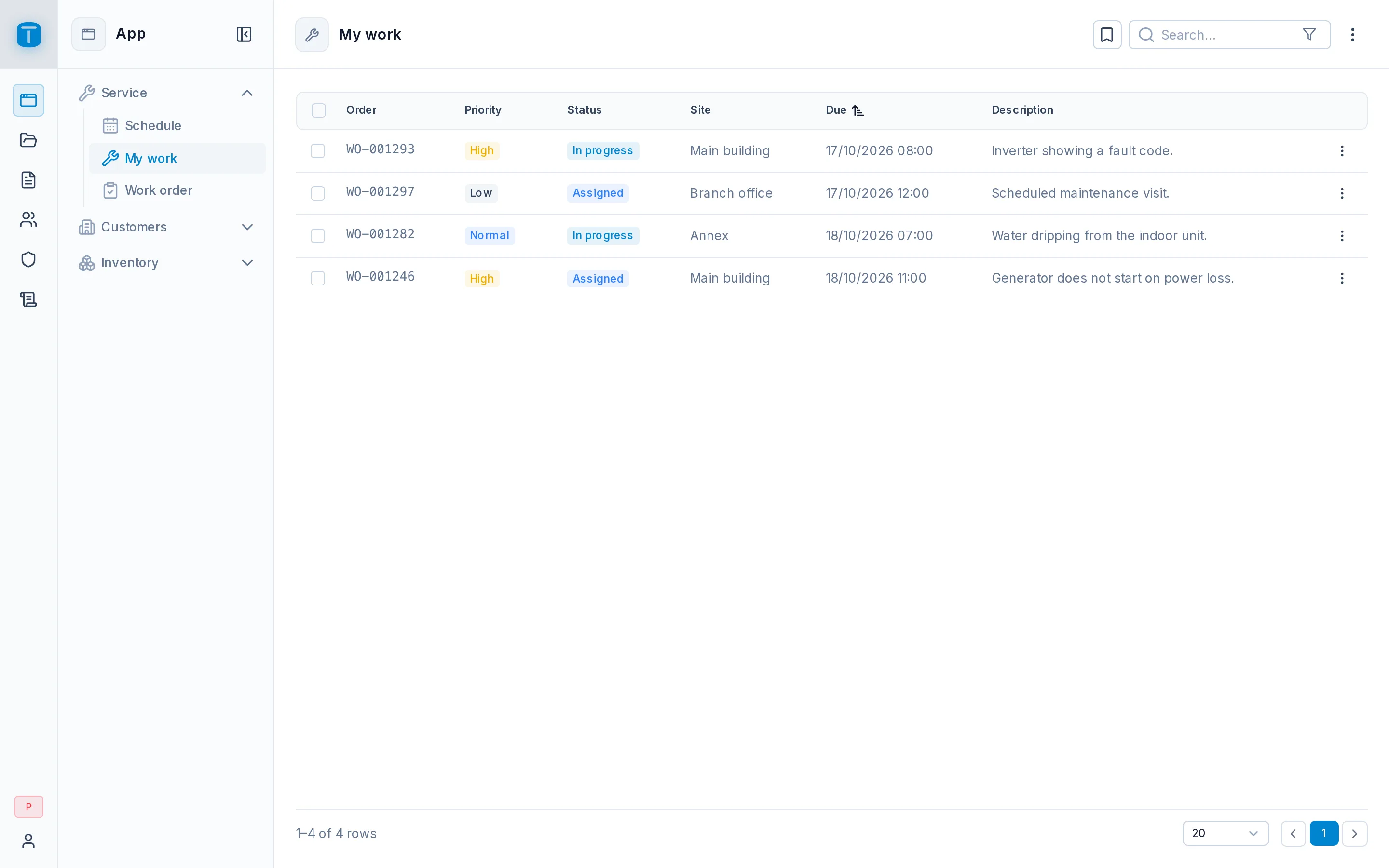 The Work orders kanban signed in as a technician: only the orders assigned to them.