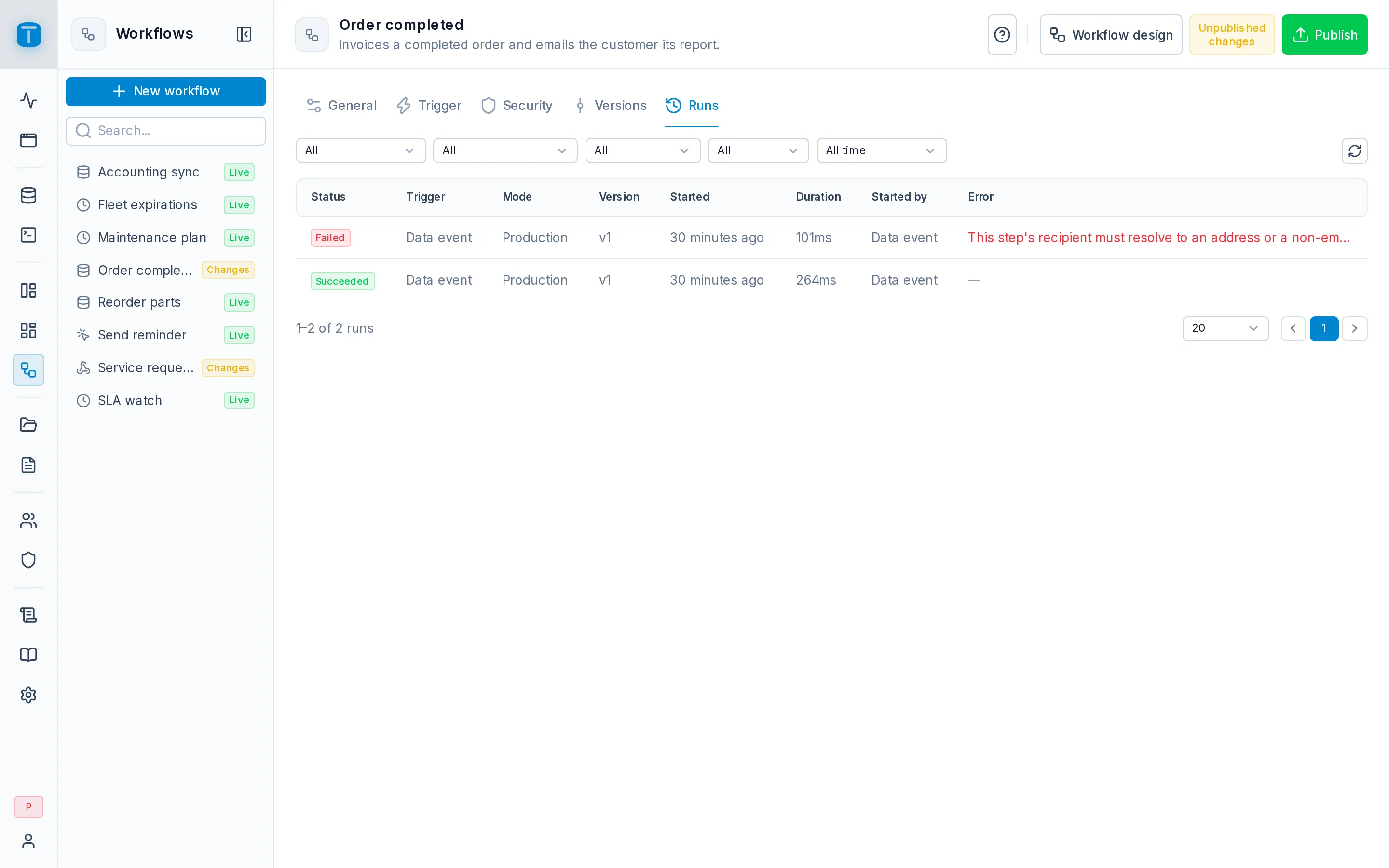 Settings › Runs of Order completed: the test run, step by step.