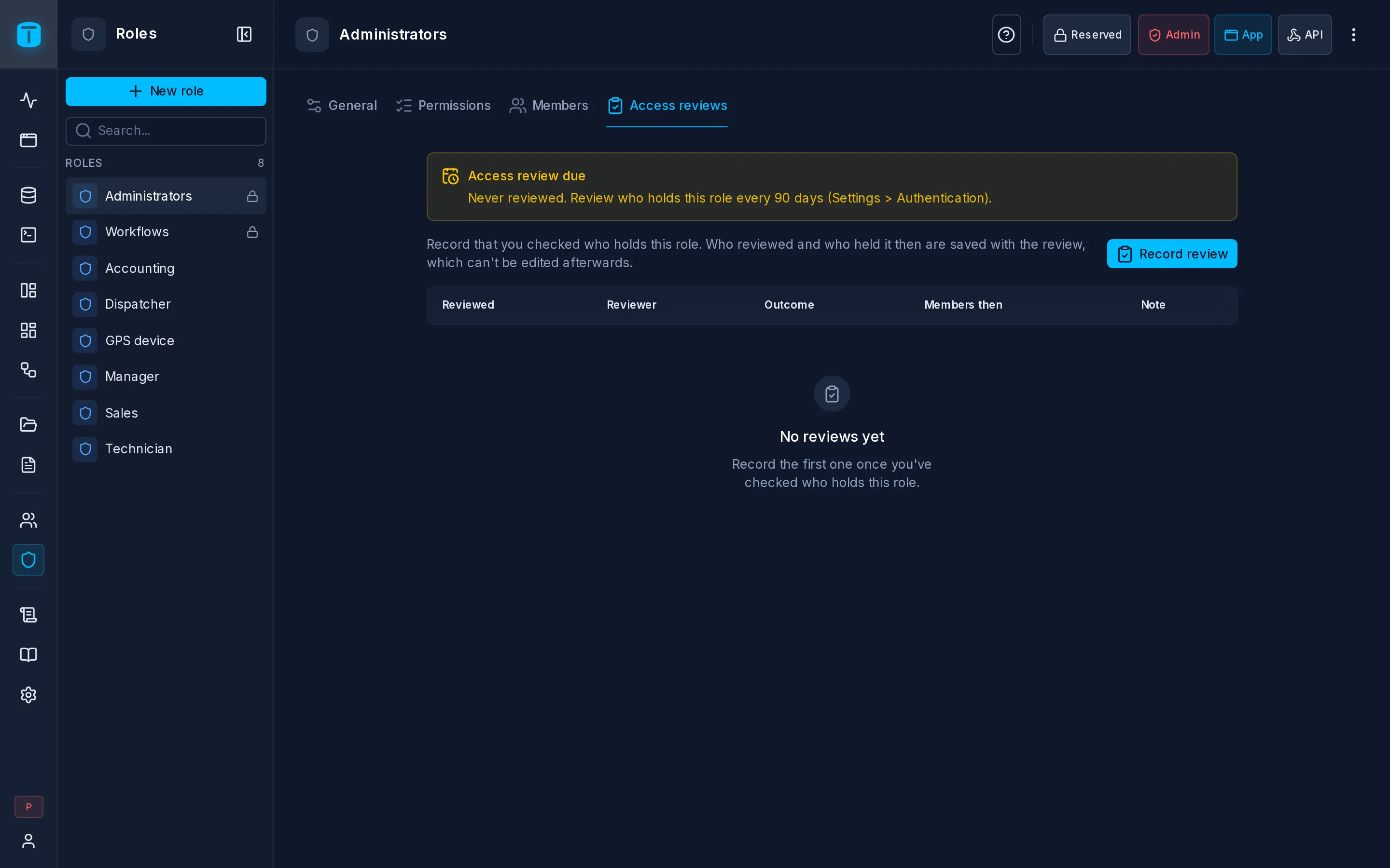 Access reviews of the Administrators role: the last review, with no changes.