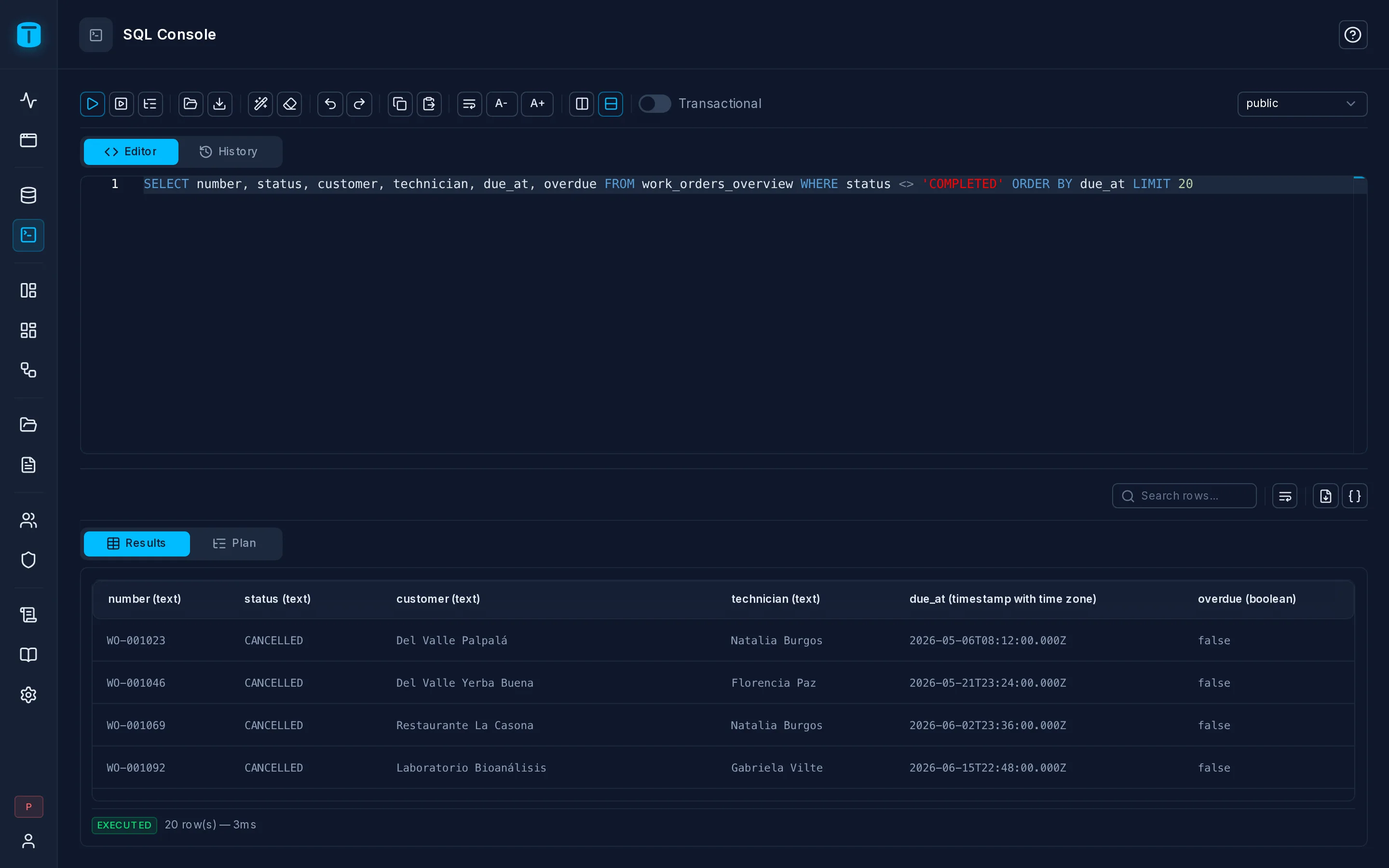 The SQL Console: a query on work_orders_overview with its results, and the history panel.