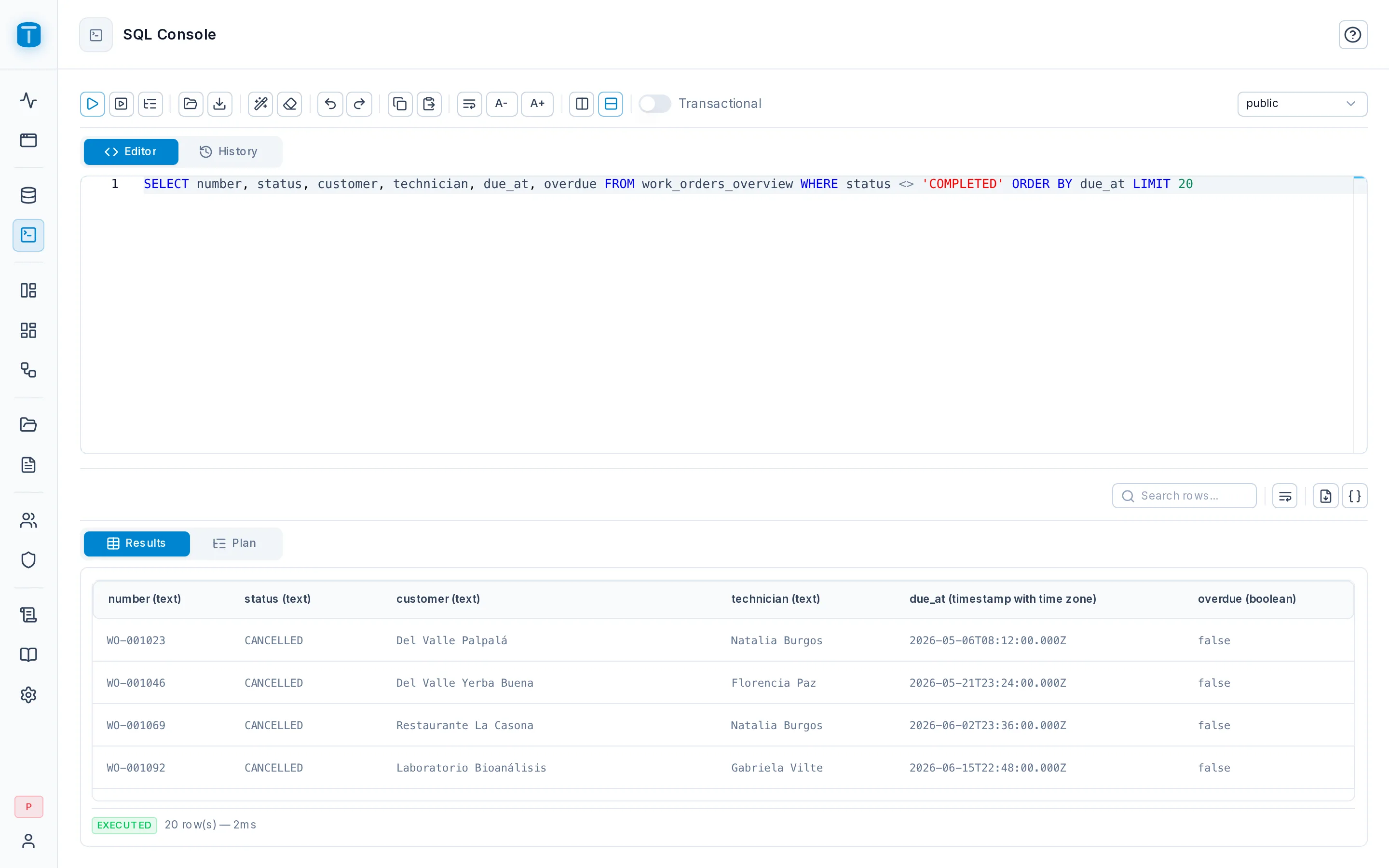 The SQL Console: a query on work_orders_overview with its results, and the history panel.