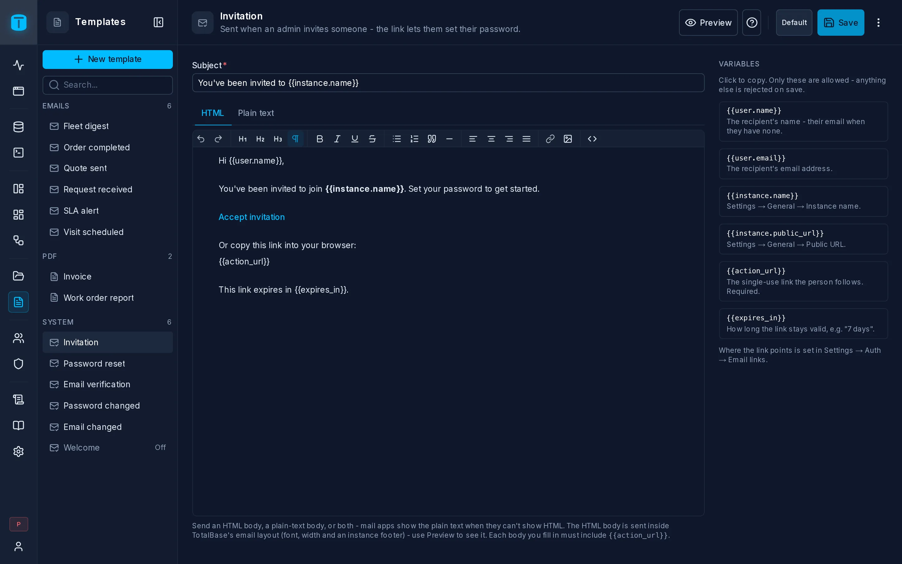 The Invitation email, with its Variables panel and Preview.