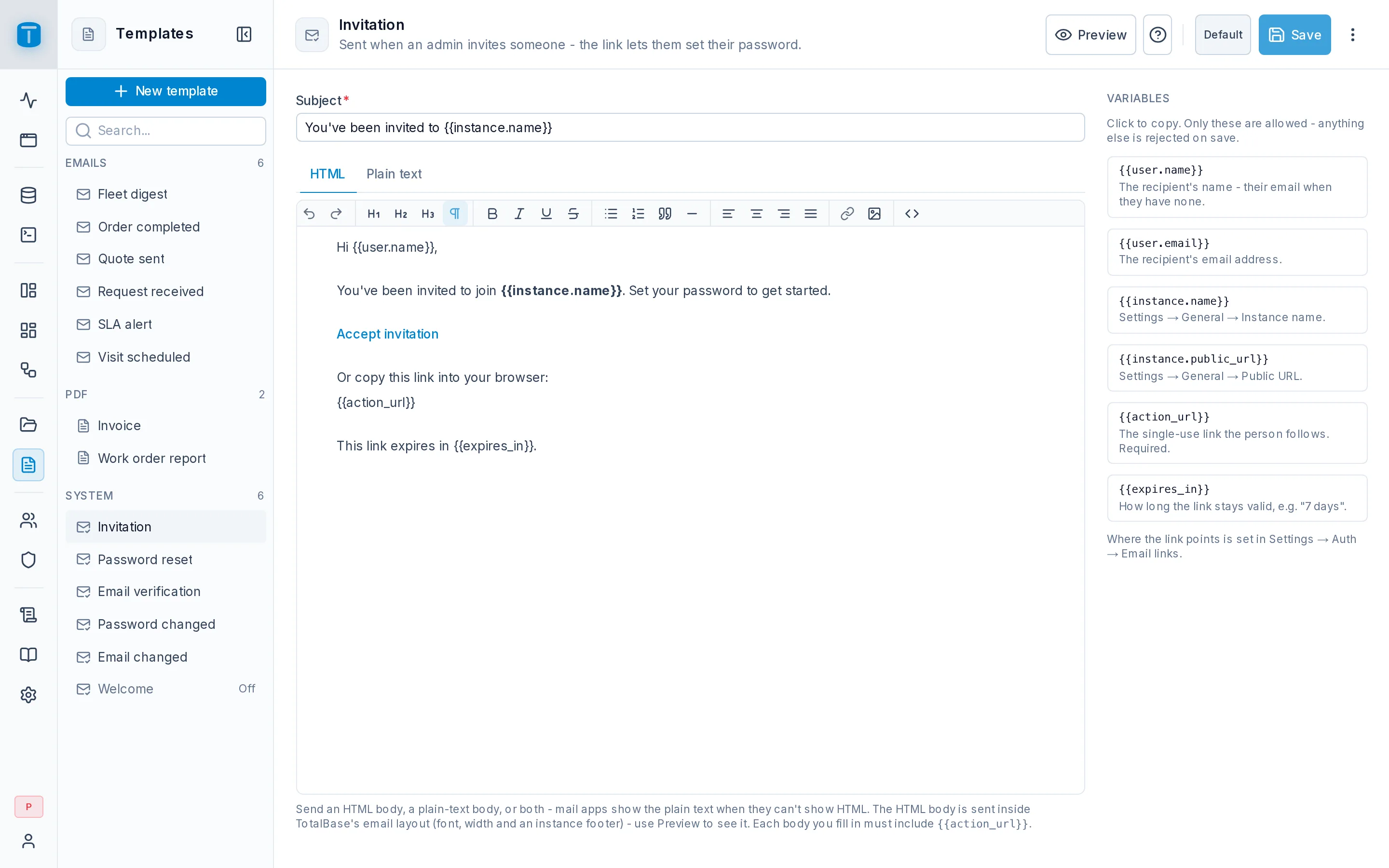The Invitation email, with its Variables panel and Preview.