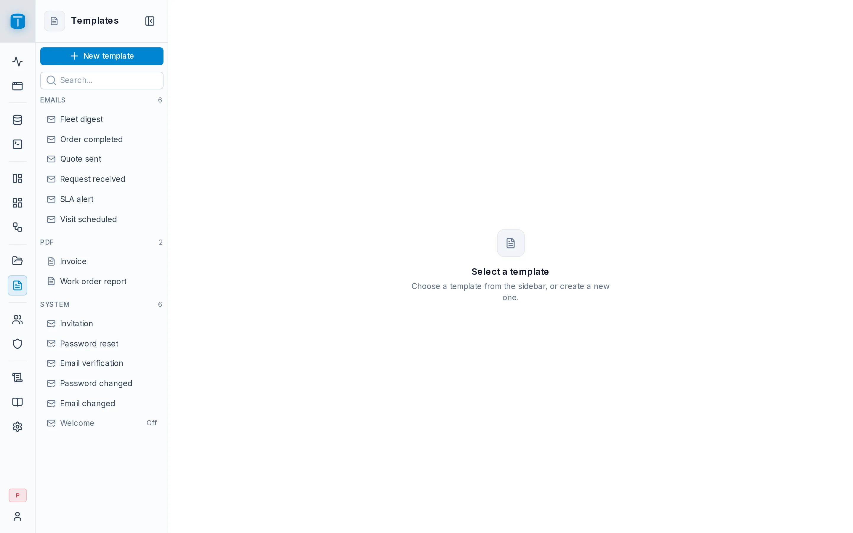 Templates: Acme's emails and PDFs, and the system emails.