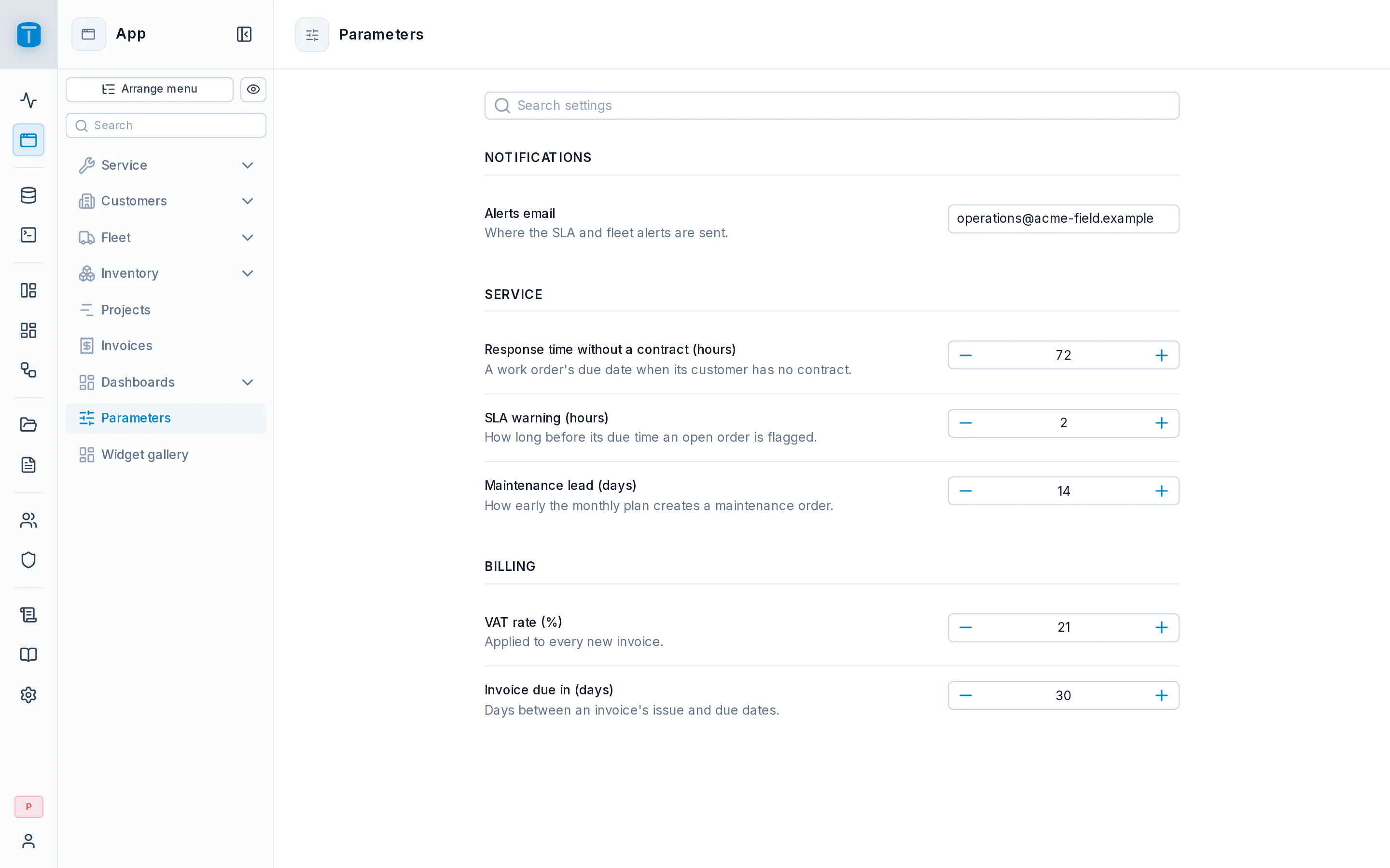 Acme's parameters as a Settings DataView: sections by group, each setting with its control.
