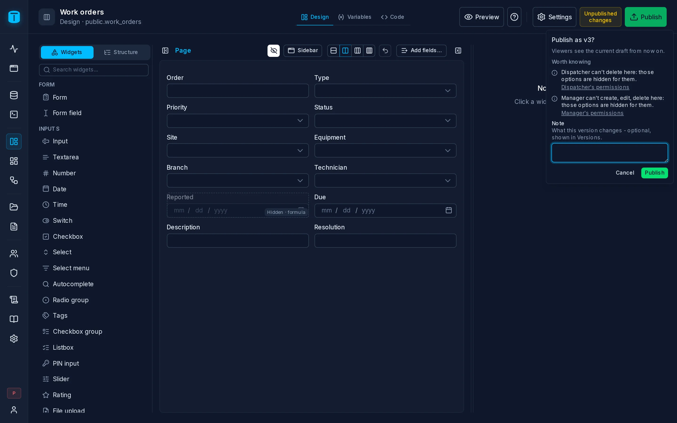 Publishing the Work orders kanban as v4, with a note on what changed.