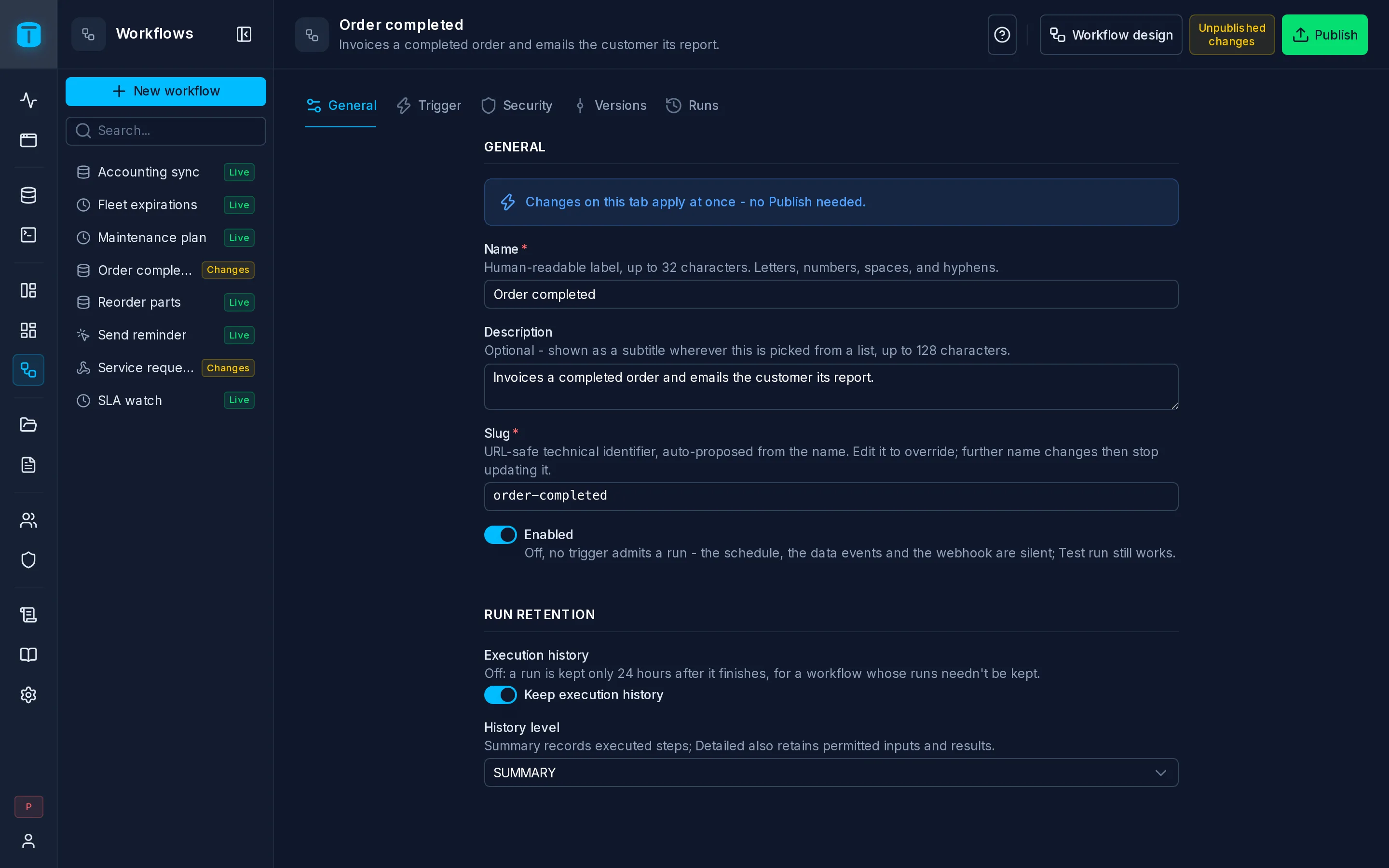 Settings › General of Order completed: its name and slug, Enabled on, and Detailed history.