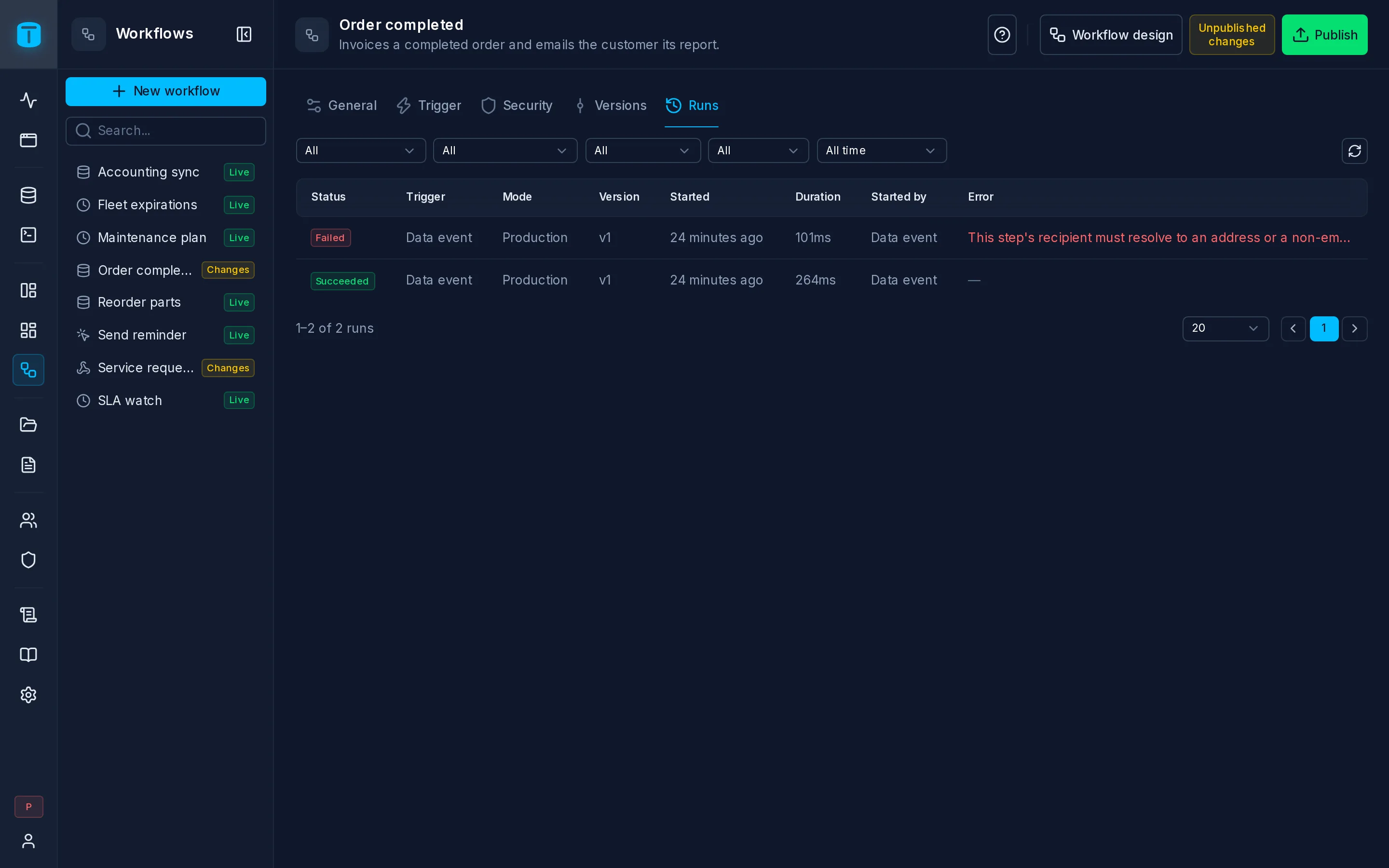 Settings › Runs of Order completed: runs started by data events, one failed, and its detail beside the list.