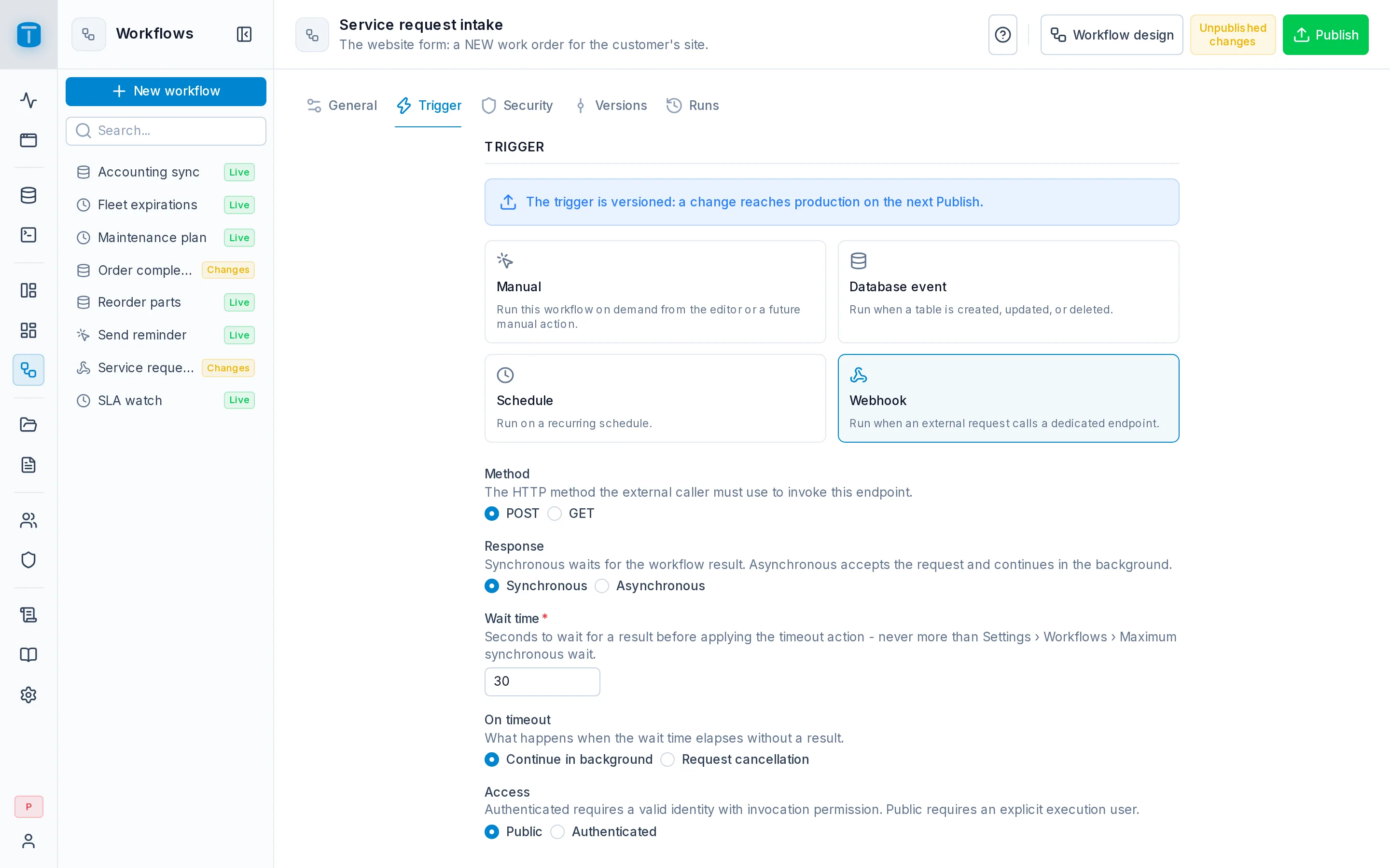 Settings › Trigger of Service request intake: POST, Synchronous, Public, executing as the Workflows account.