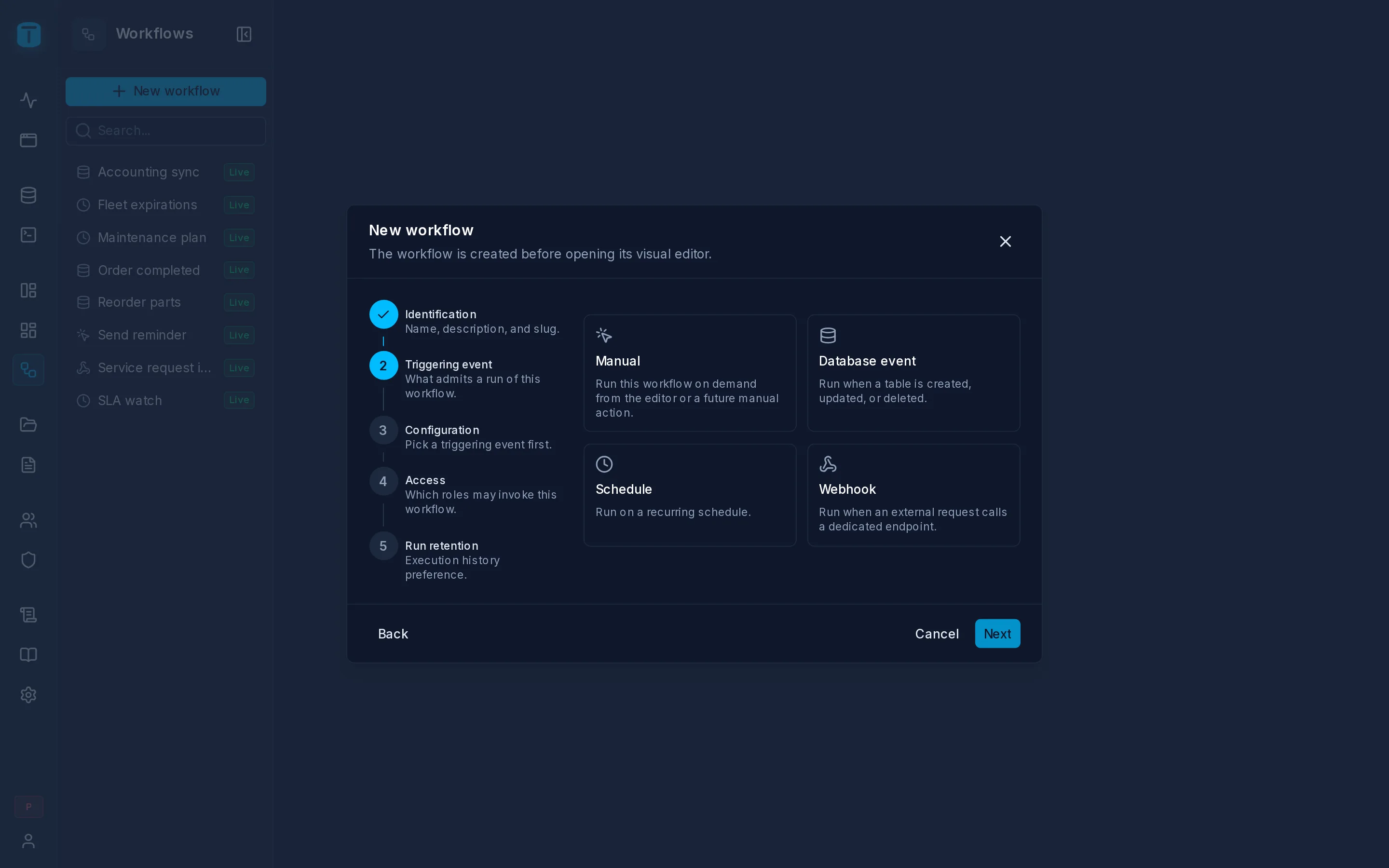 The wizard's Triggering event step: Manual, Database event, Schedule and Webhook.