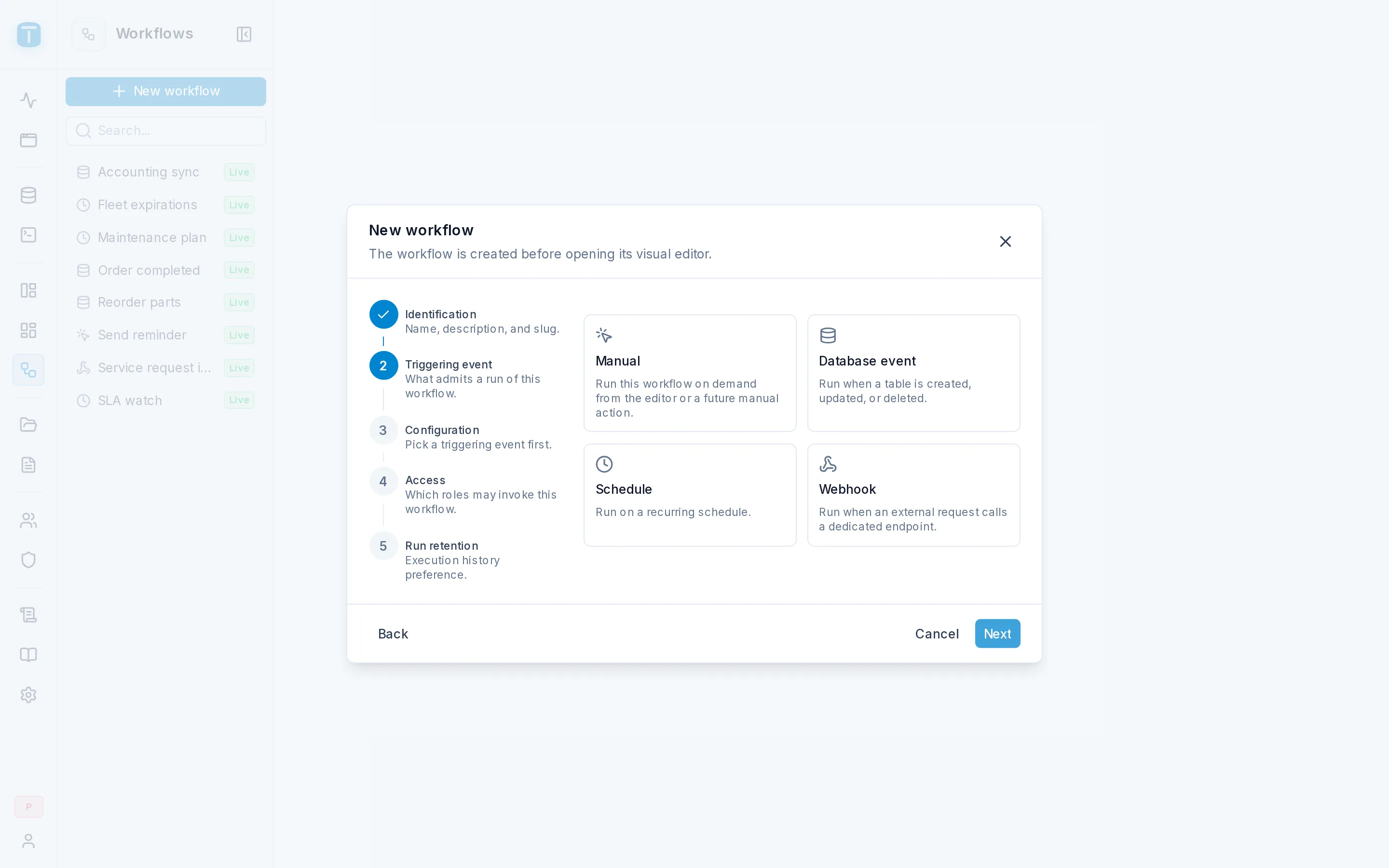 The wizard's Triggering event step: Manual, Database event, Schedule and Webhook.