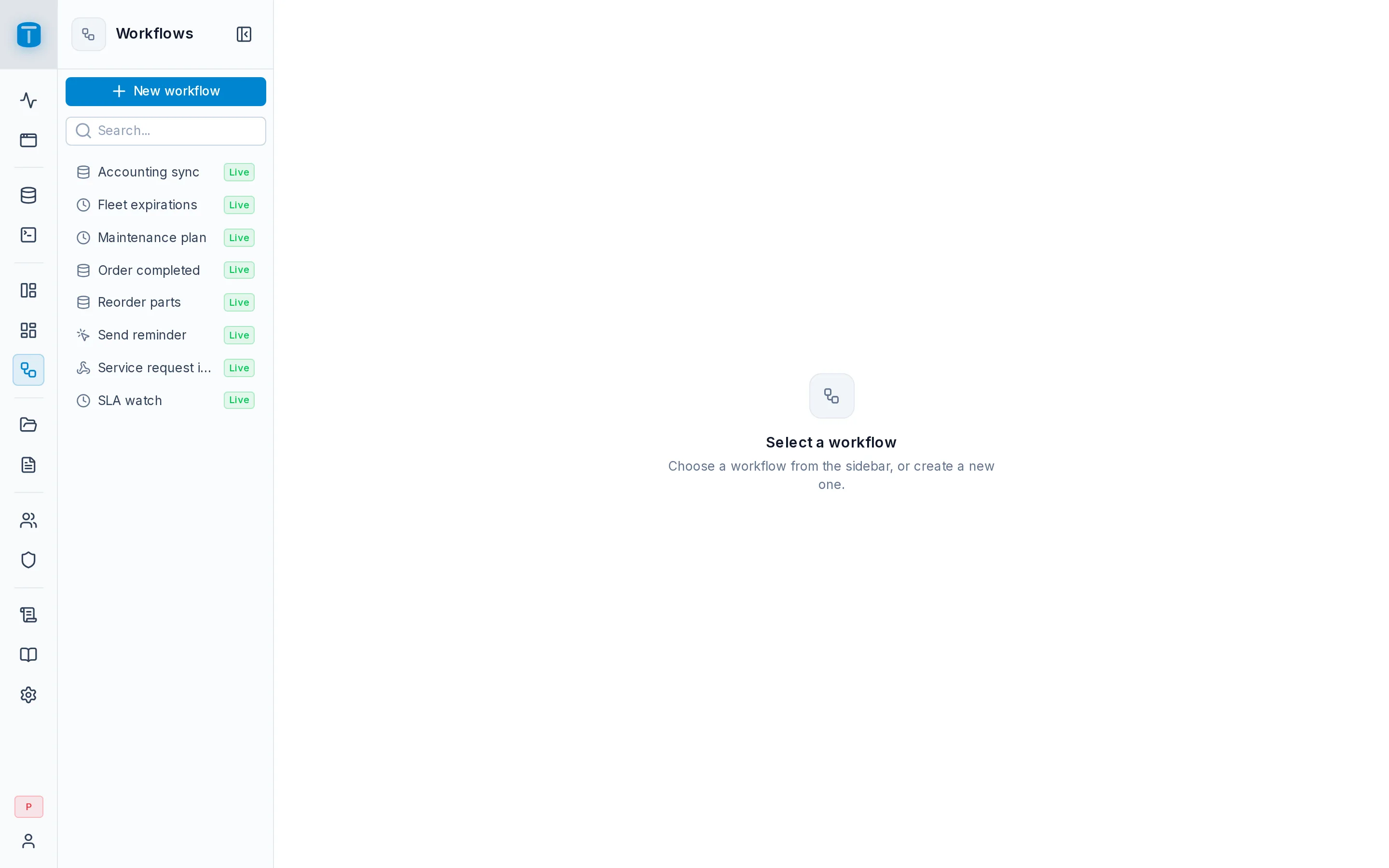 Workflows in the admin: Acme's workflows with their trigger icons and publish state.